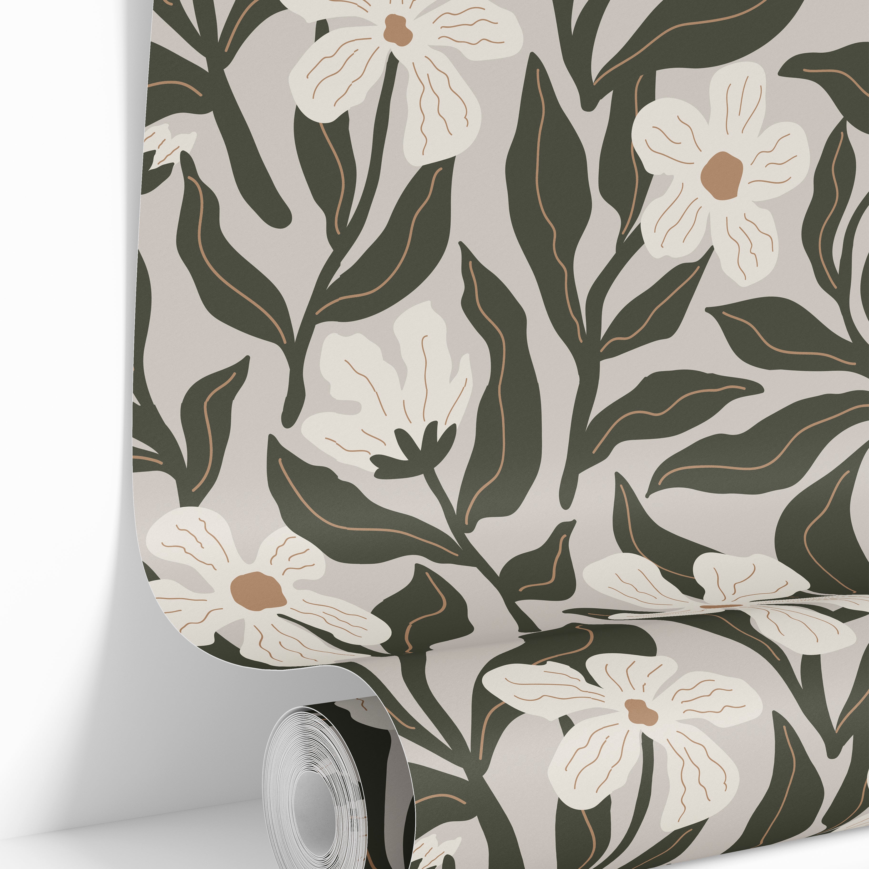 rolled ivory floral wallpaper with dark olive leaves and tan flower centers