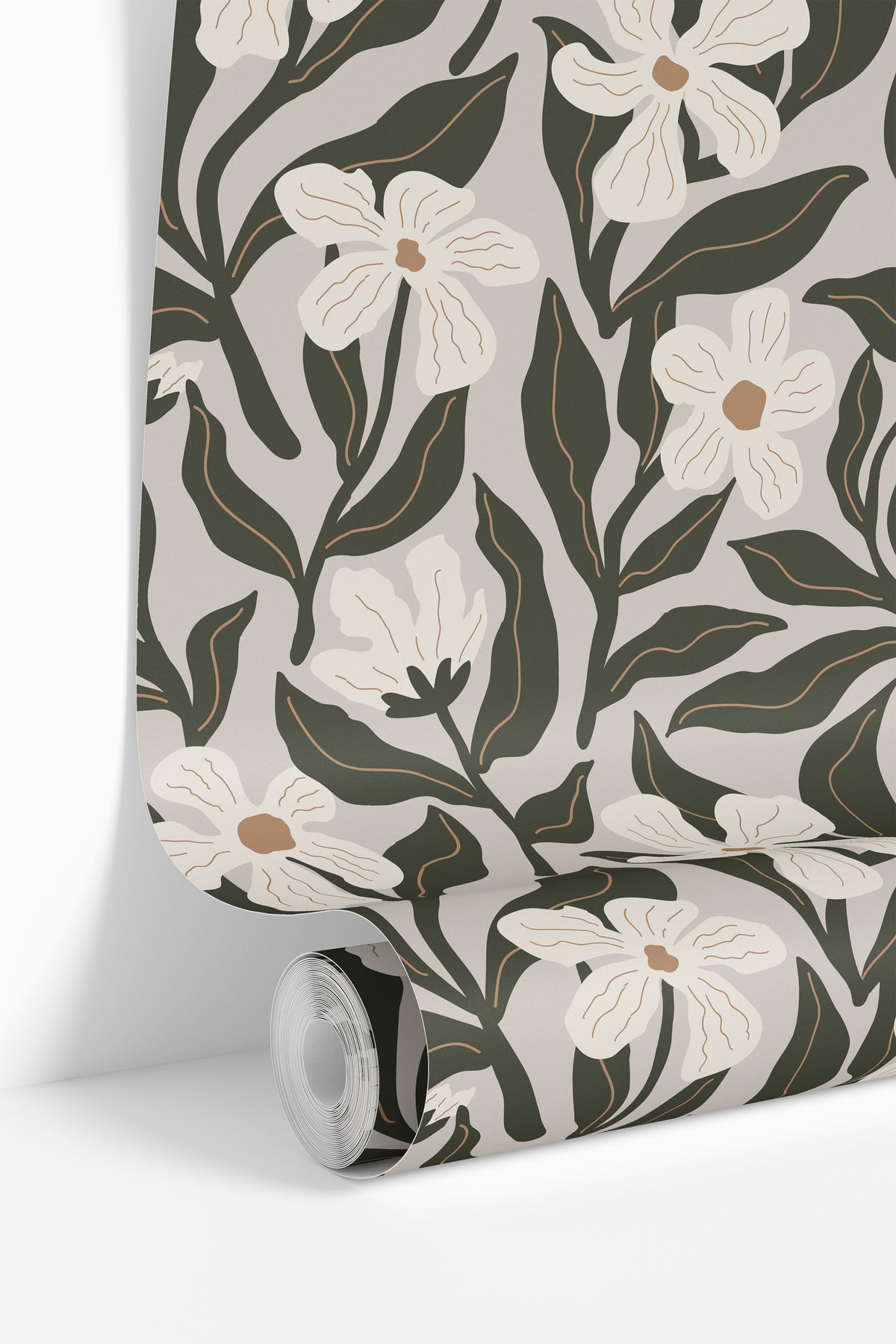 rolled ivory floral wallpaper with dark olive leaves and tan flower centers