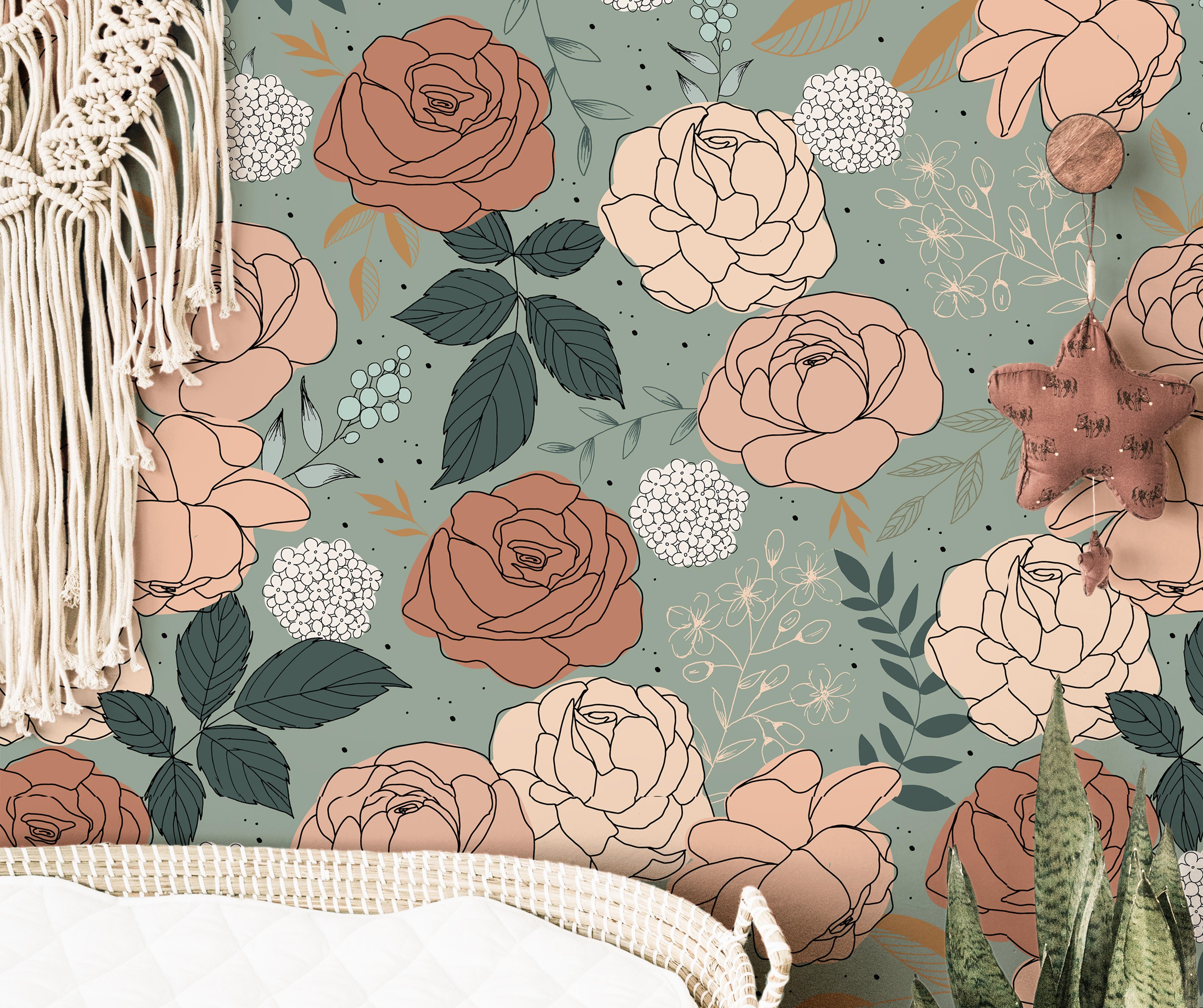 sage green nursery wallpaper with roses 166

