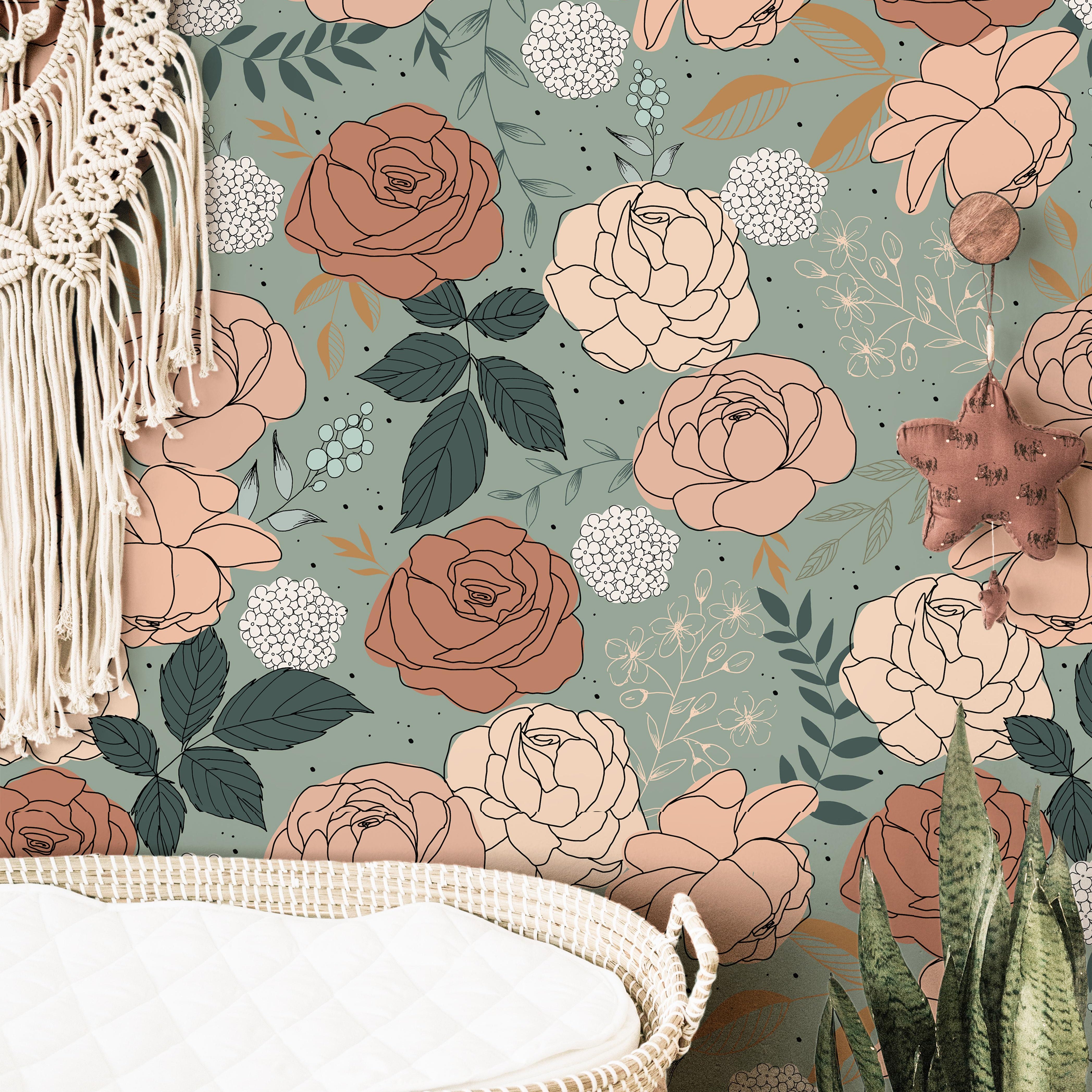 sage green nursery wallpaper with roses 166

