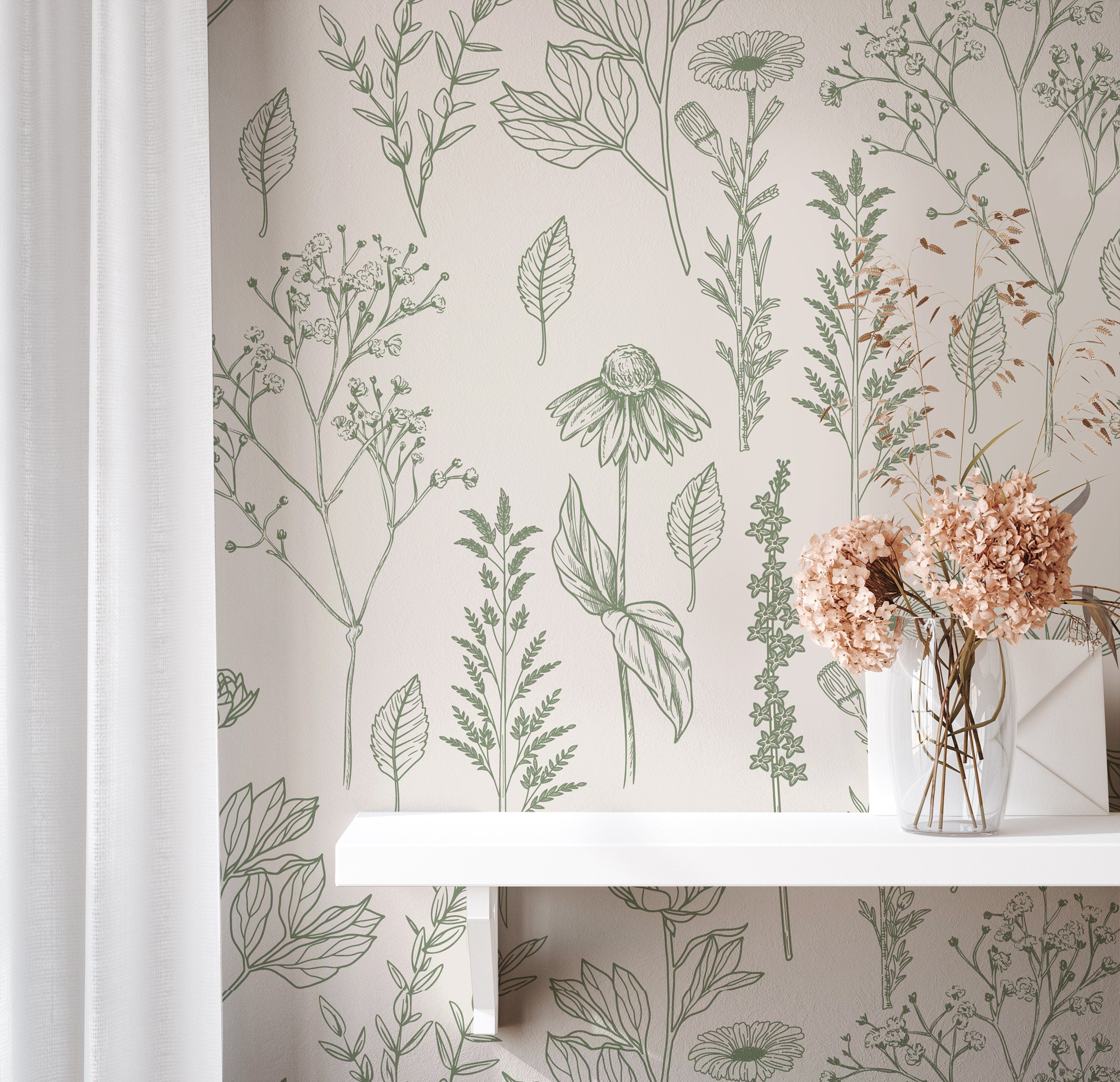 cream background wallpaper with hand drawn foliage 583