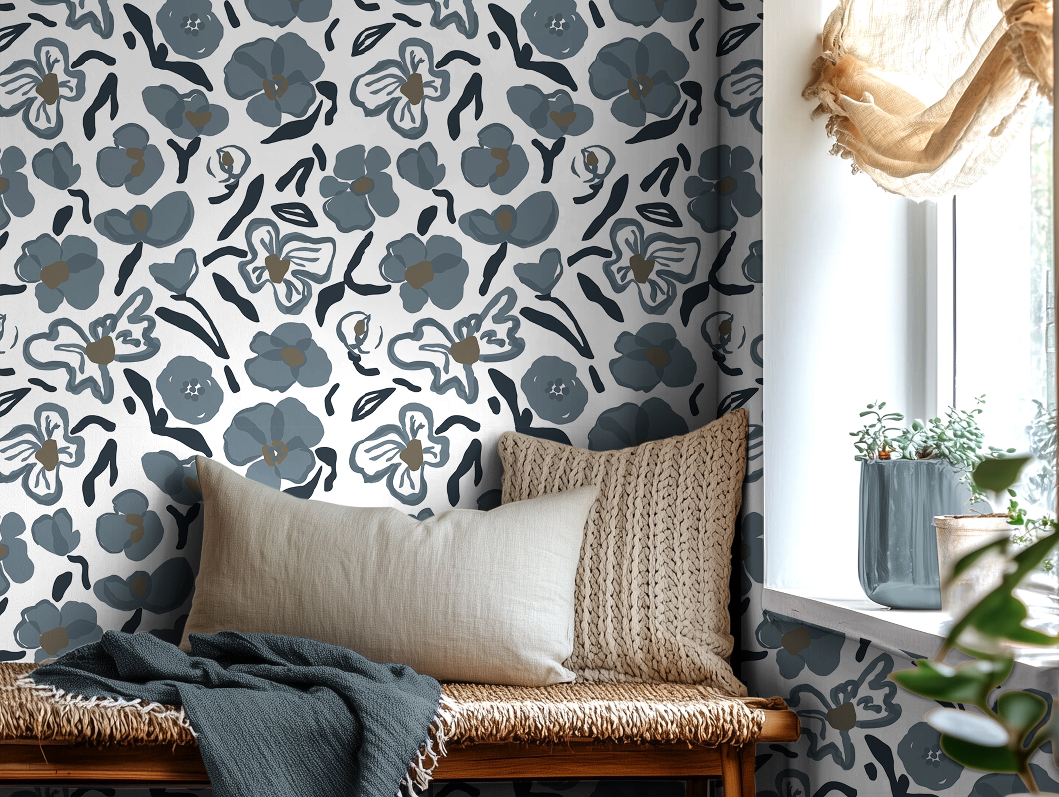 modern bedroom with blue gray floral wallpaper and soft neutral decor