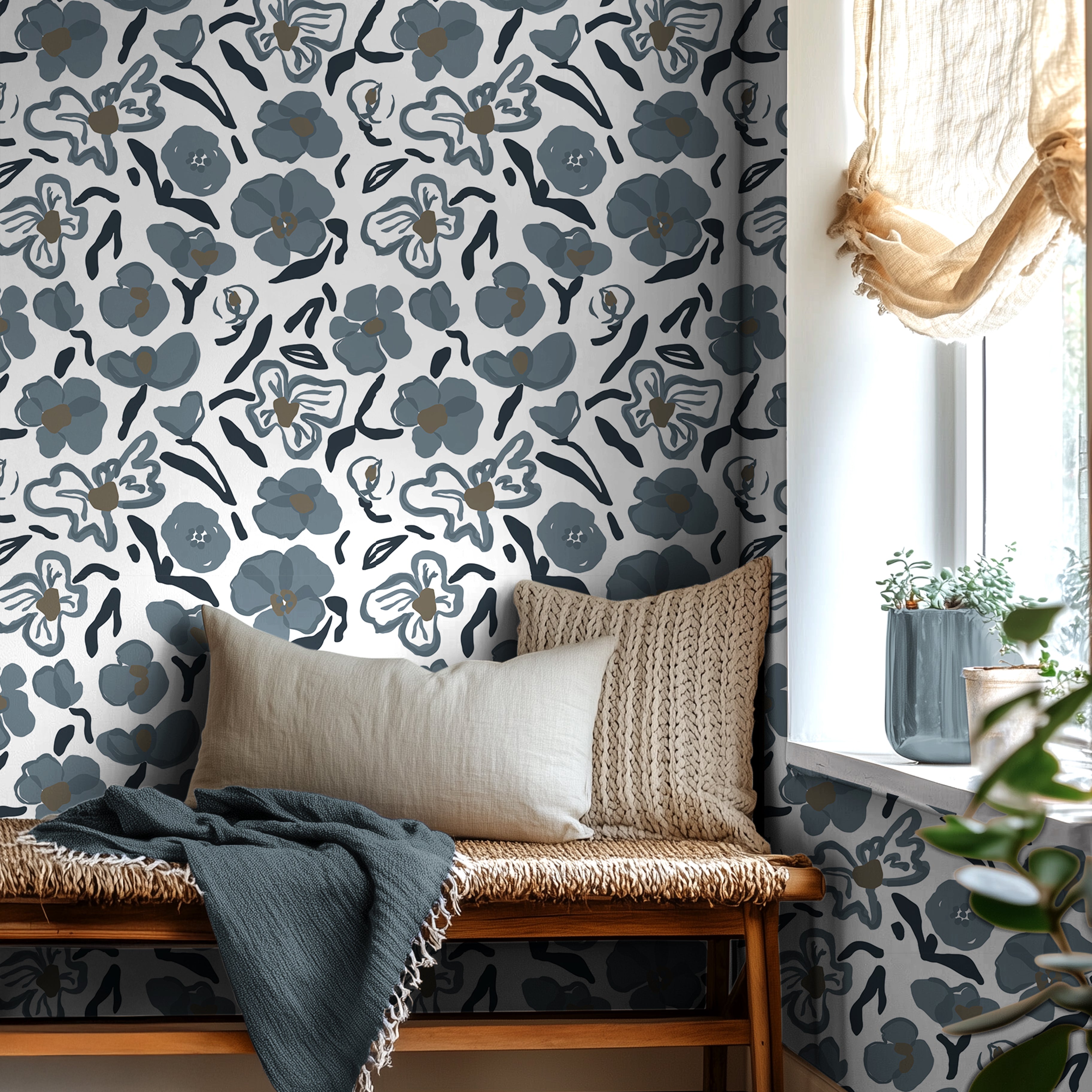 modern bedroom with blue gray floral wallpaper and soft neutral decor