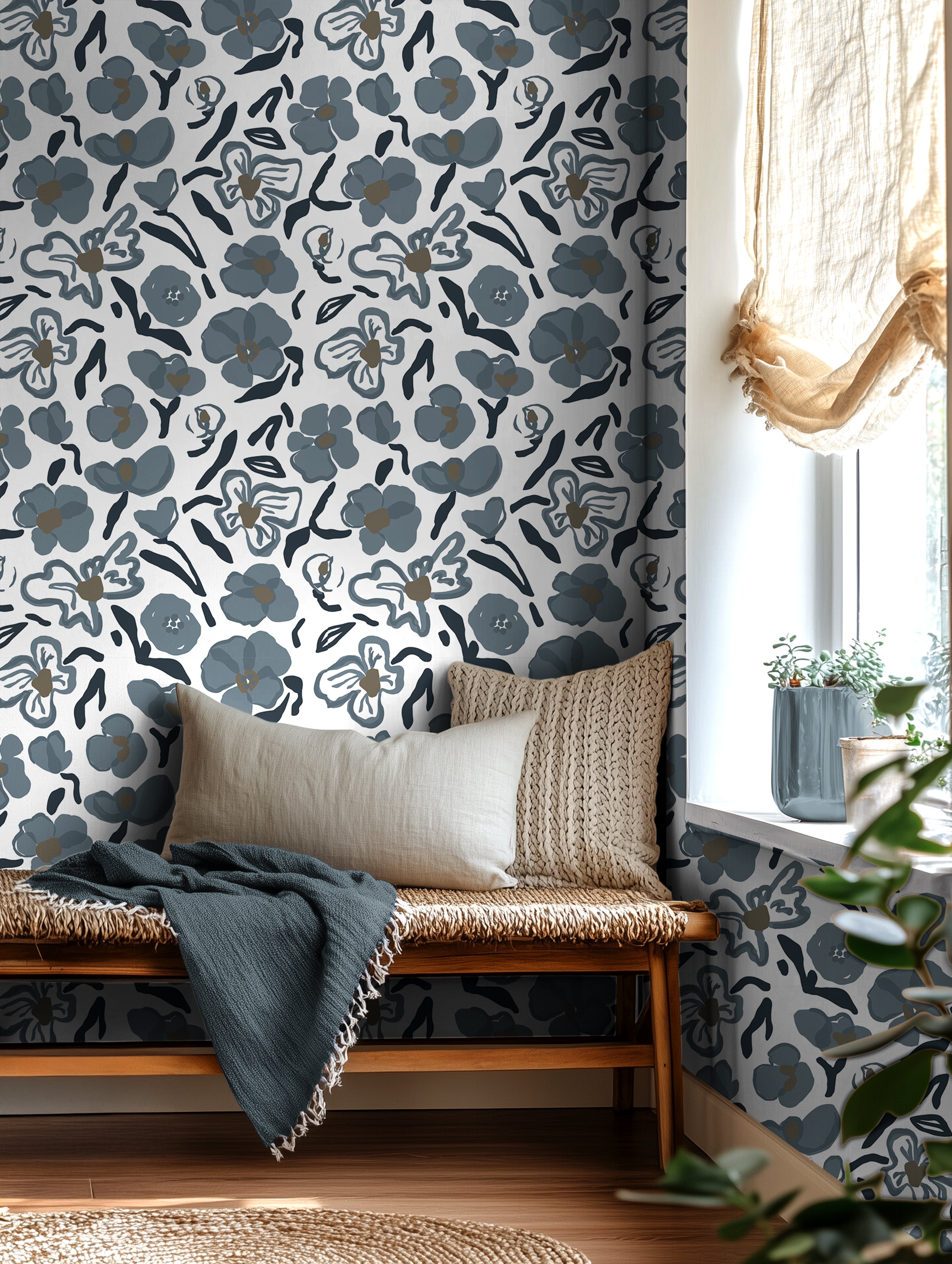 modern bedroom with blue gray floral wallpaper and soft neutral decor