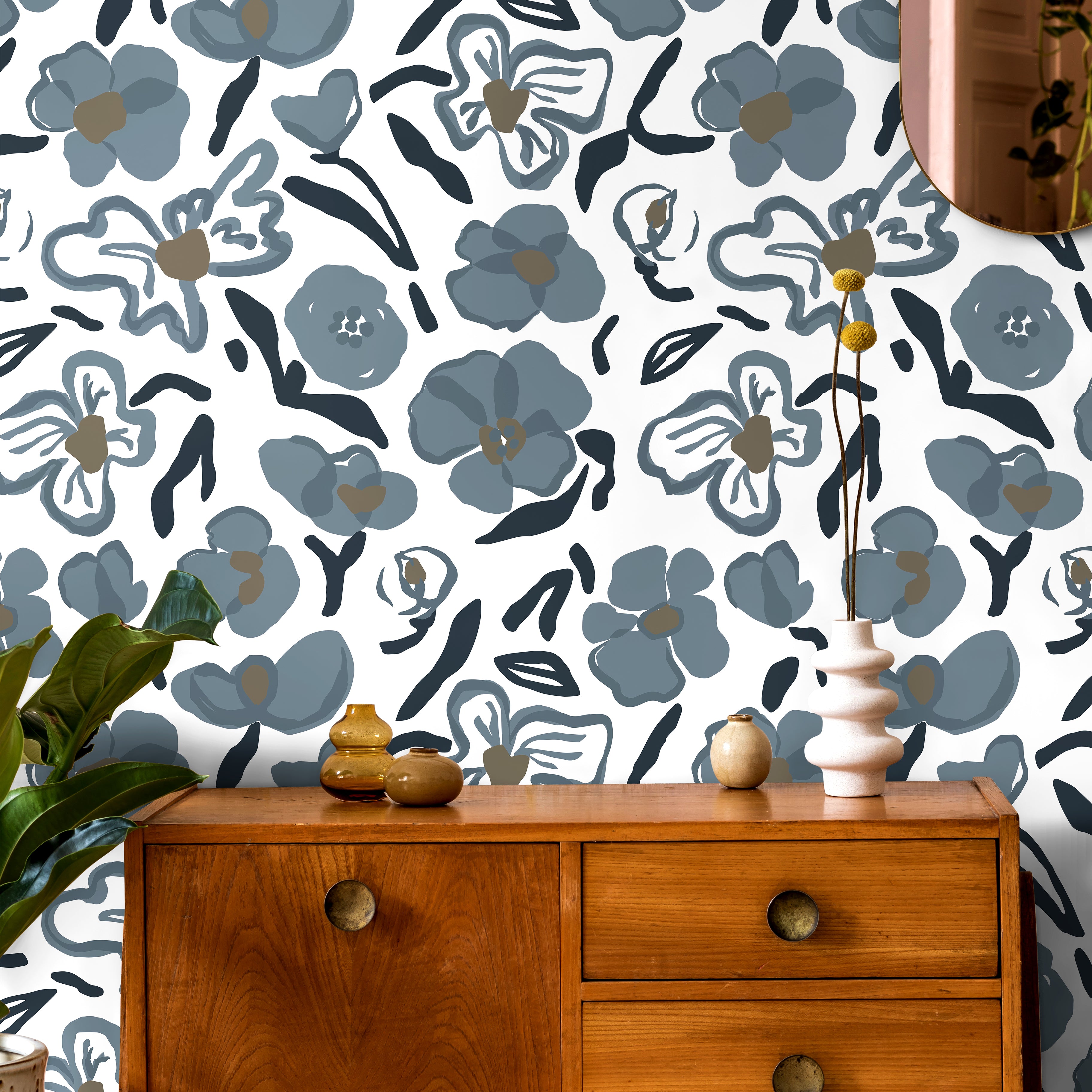 blue gray floral wallpaper with contour botanical pattern in modern living room