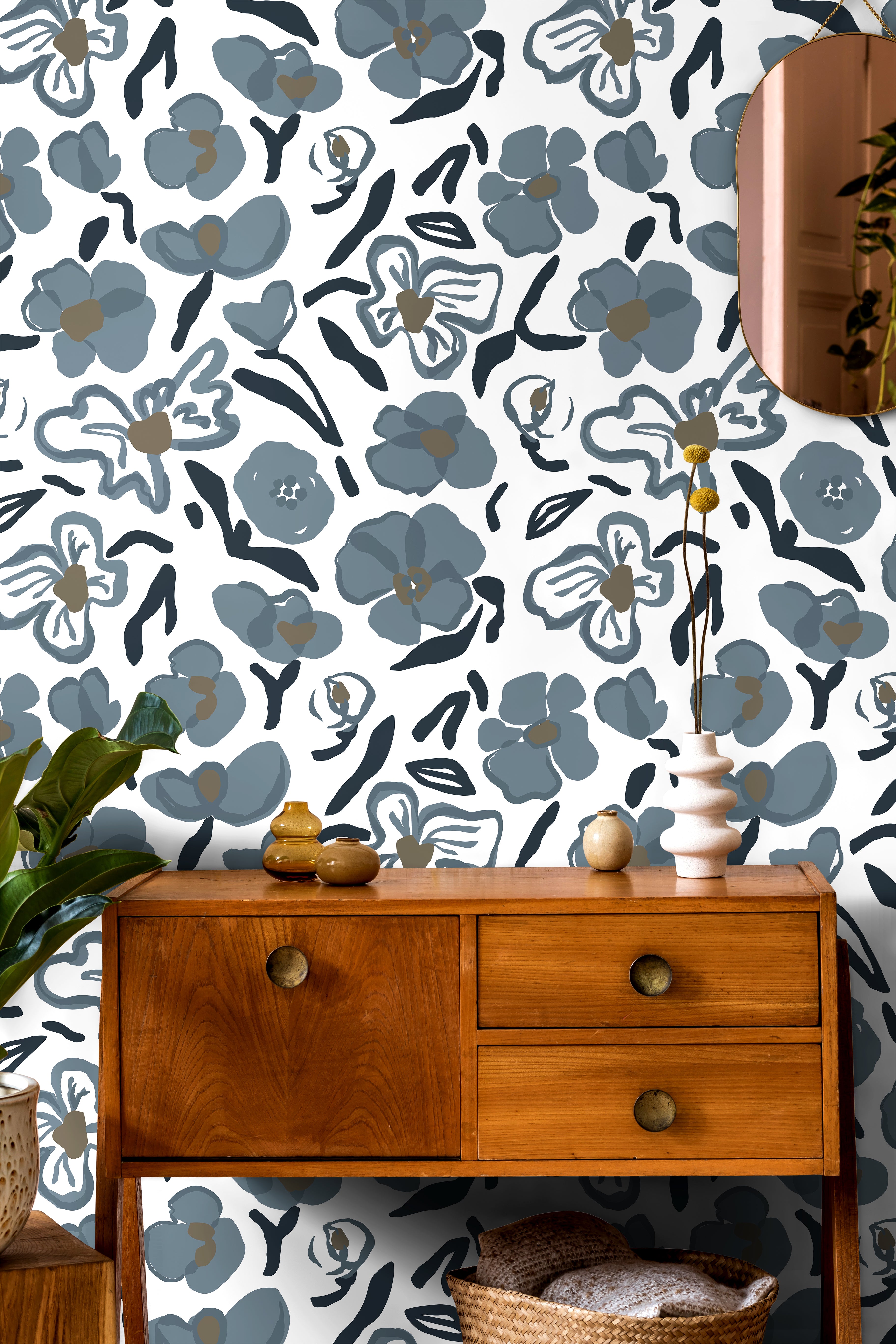 blue gray floral wallpaper with contour botanical pattern in modern living room