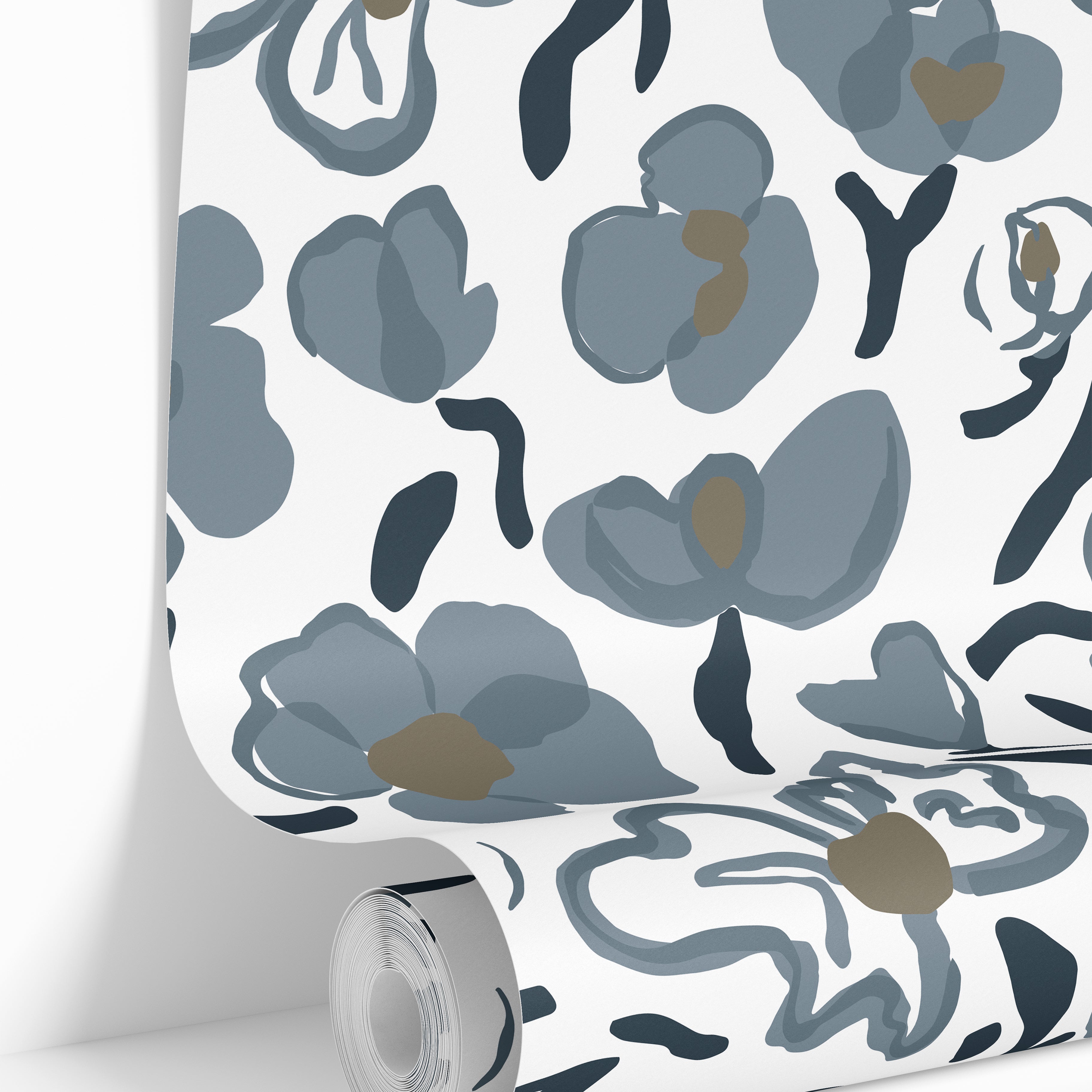 wallpaper roll showing blue gray contour floral pattern detail