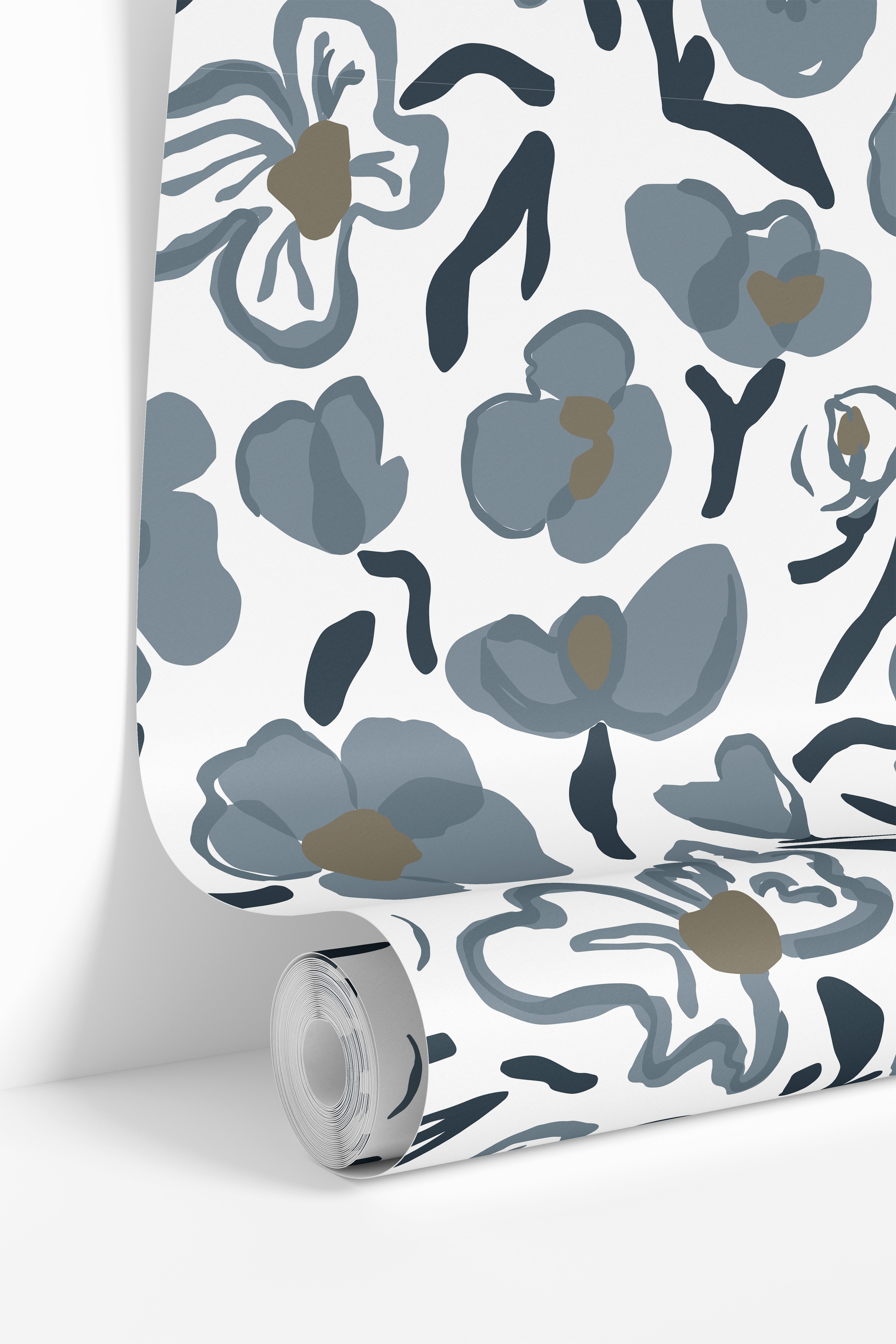 wallpaper roll showing blue gray contour floral pattern detail