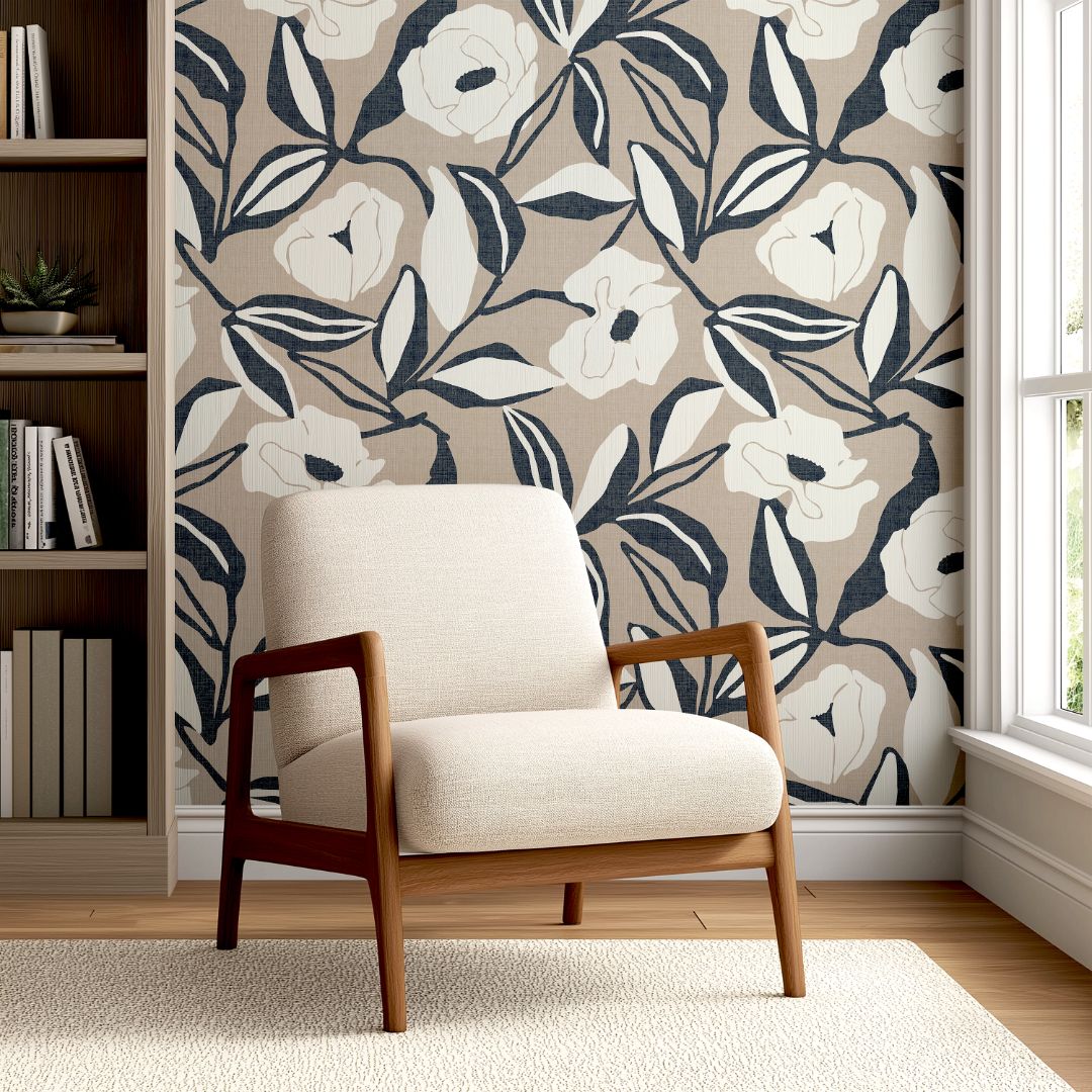 Close up of Harbor Petals wallpaper showing ivory flowers and muted blue leaves on a neutral background