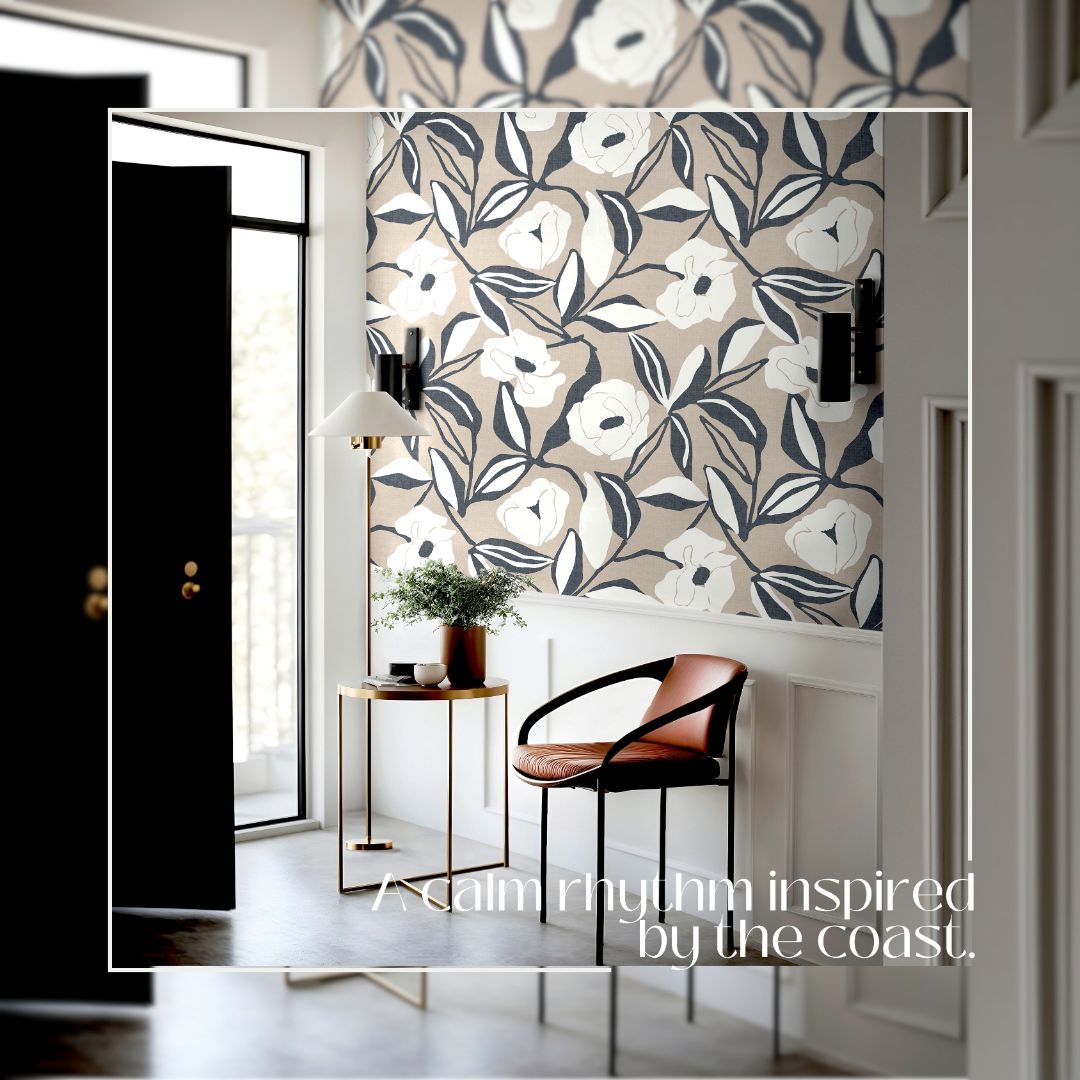 Detail view of Harbor Petals wallpaper highlighting gentle movement and balanced floral spacing