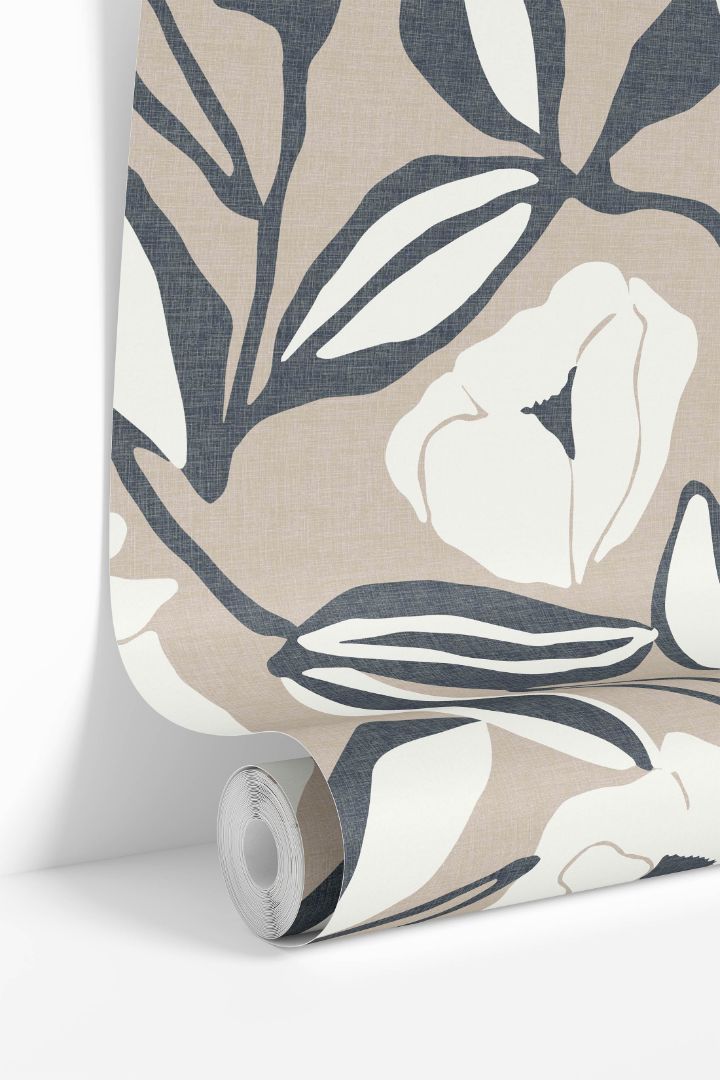 Wallpaper roll of Harbor Petals floral design with soft blue and ivory botanical pattern