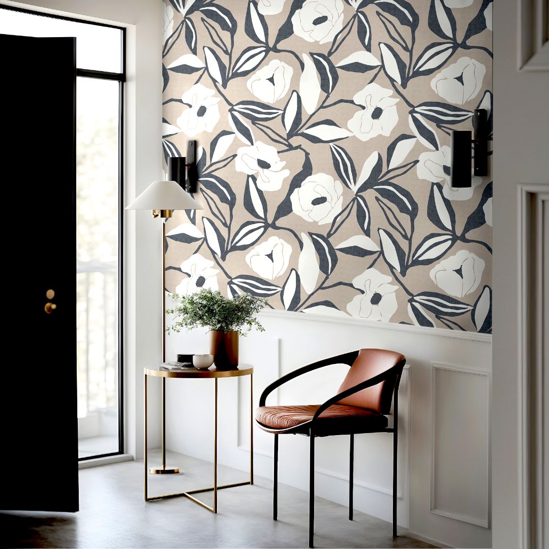 Harbor Petals floral wallpaper installed in a calm coastal-inspired room setting