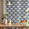 harborcroft navy wallpaper in dining room with modern pendant and wood furniture – art deco fan pattern – james & colors
