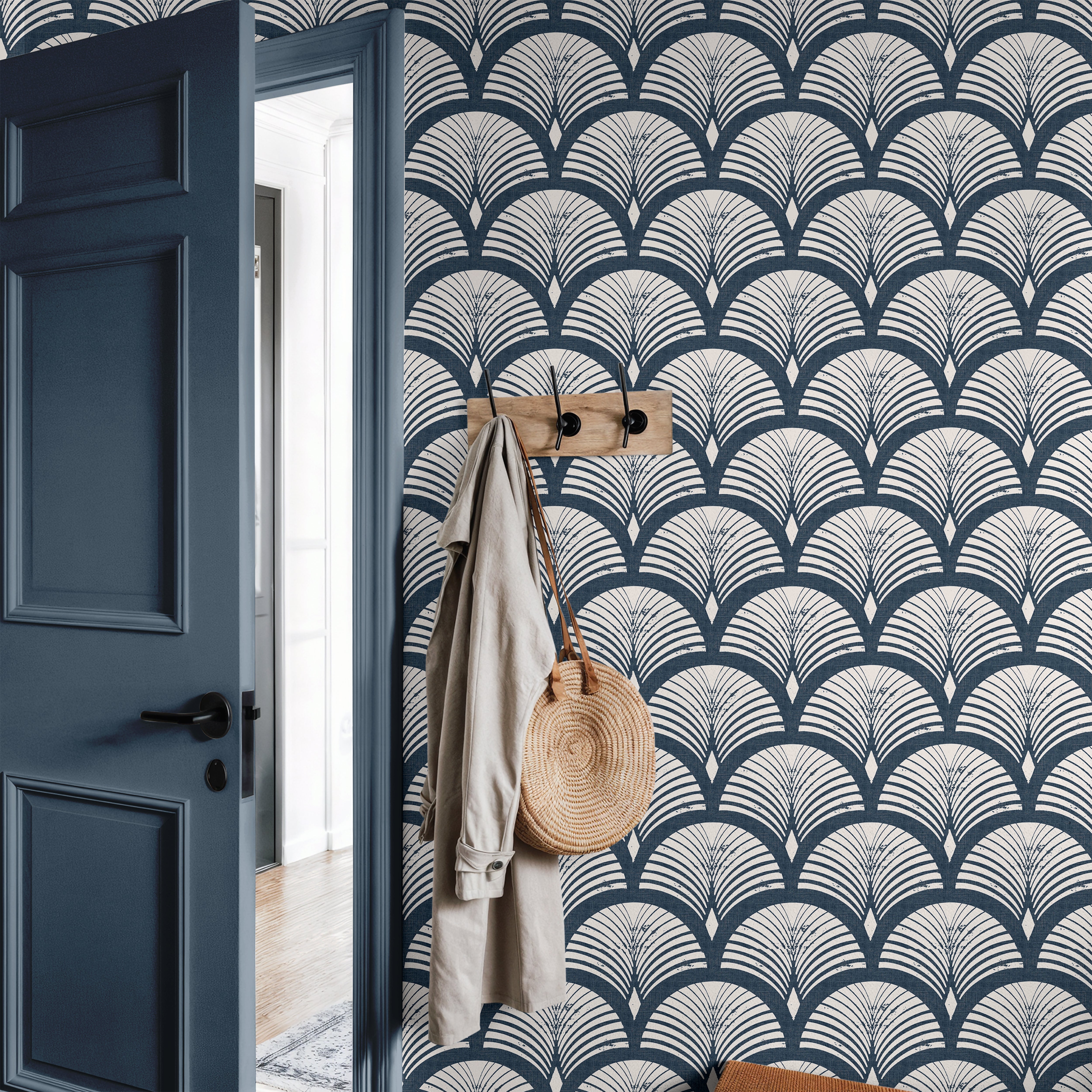 straight on view of harborcroft navy wallpaper with warm ivory fan arches and diamond accents