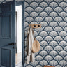 straight on view of harborcroft navy wallpaper with warm ivory fan arches and diamond accents