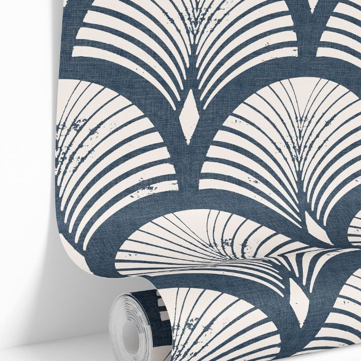  roll of harborcroft navy wallpaper with warm ivory fan arches and linen look texture