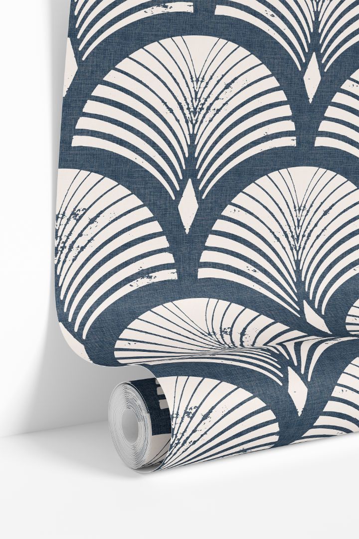  roll of harborcroft navy wallpaper with warm ivory fan arches and linen look texture