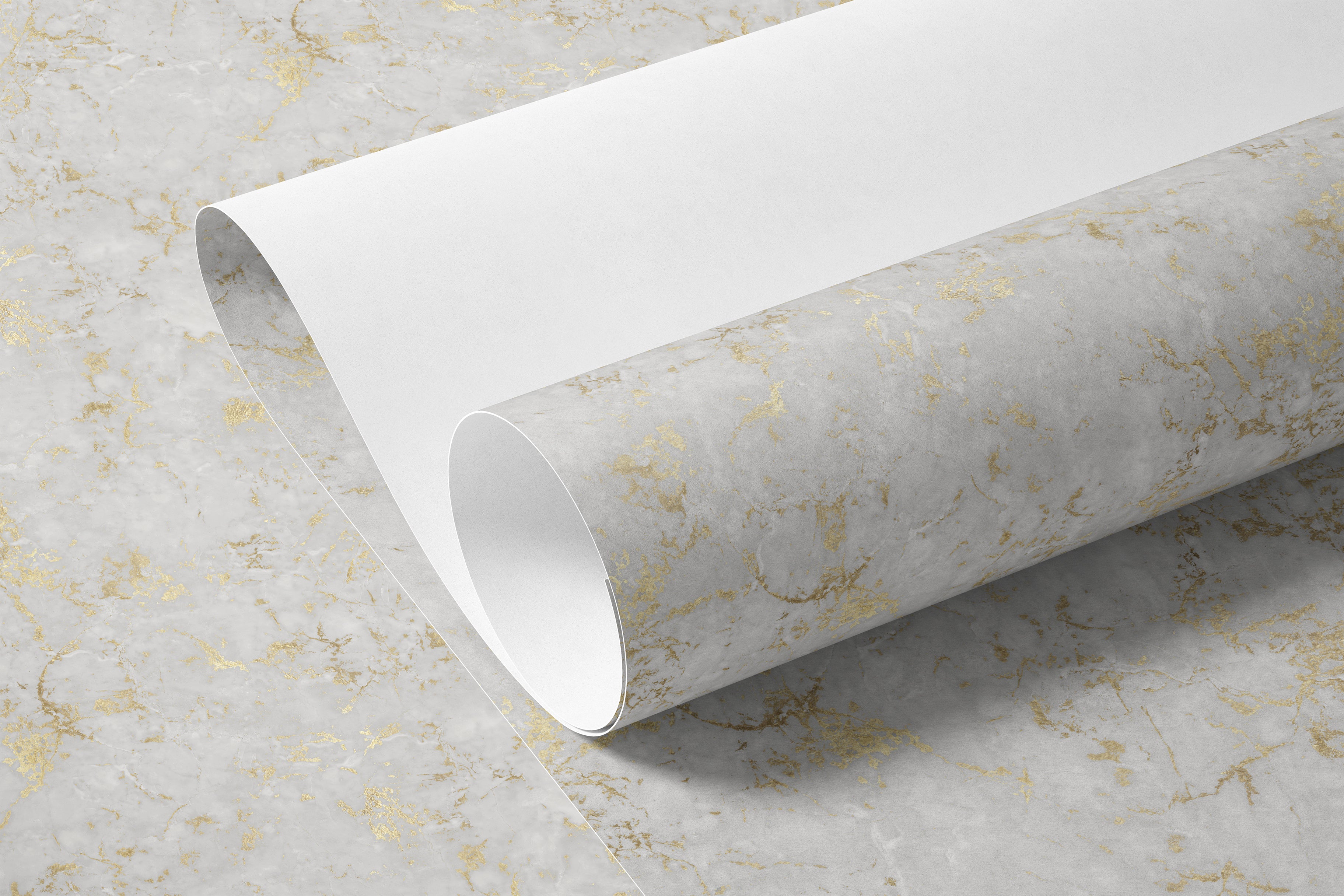 Roll of Heirloom Marble peel and stick contact paper featuring realistic white marble and gold veining.