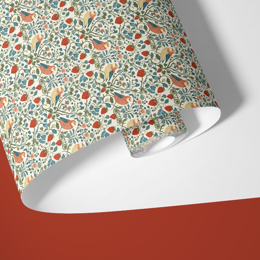 Botanical bird contact paper featuring delicate foliage and classic vintage-inspired detailing
