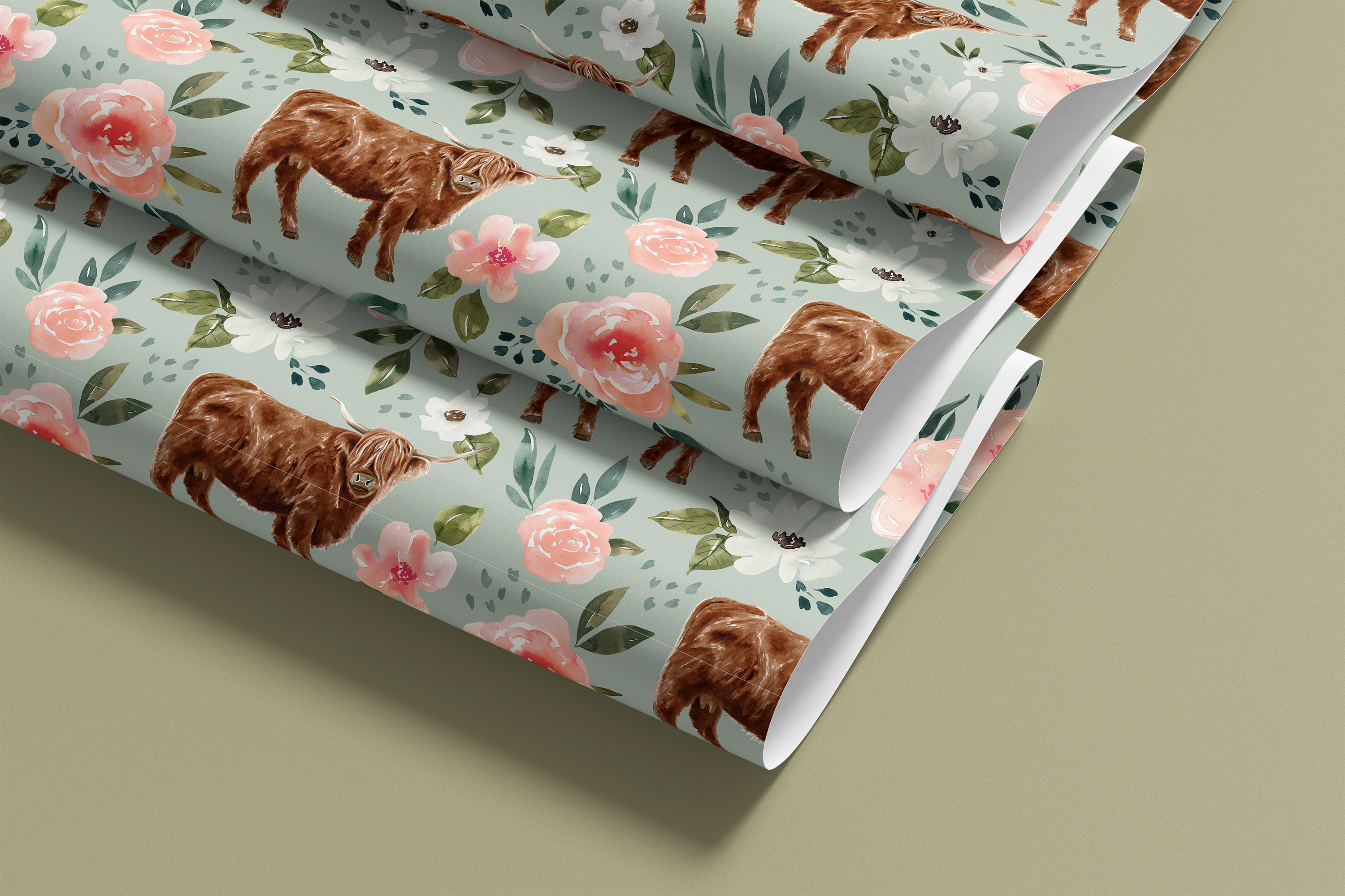 watercolor highland cow and rose pattern
