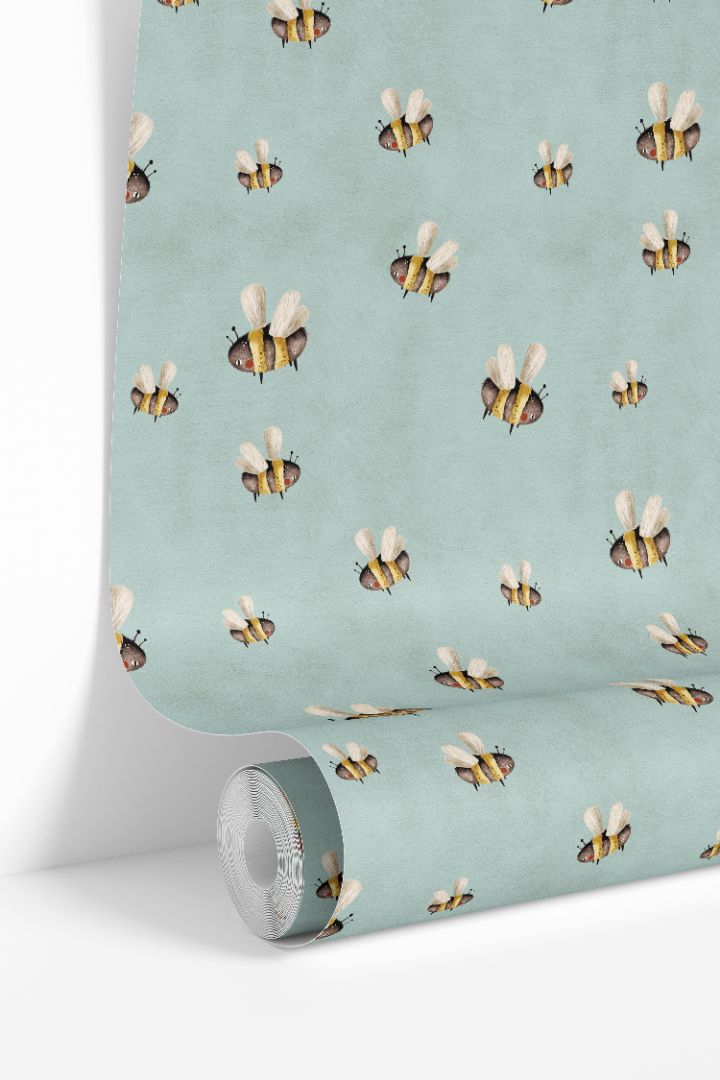 honey drift wallpaper roll showing whimsical bees on teal background