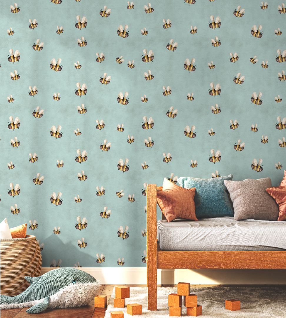 honey drift wallpaper with whimsical bees on teal background in children’s bedroom