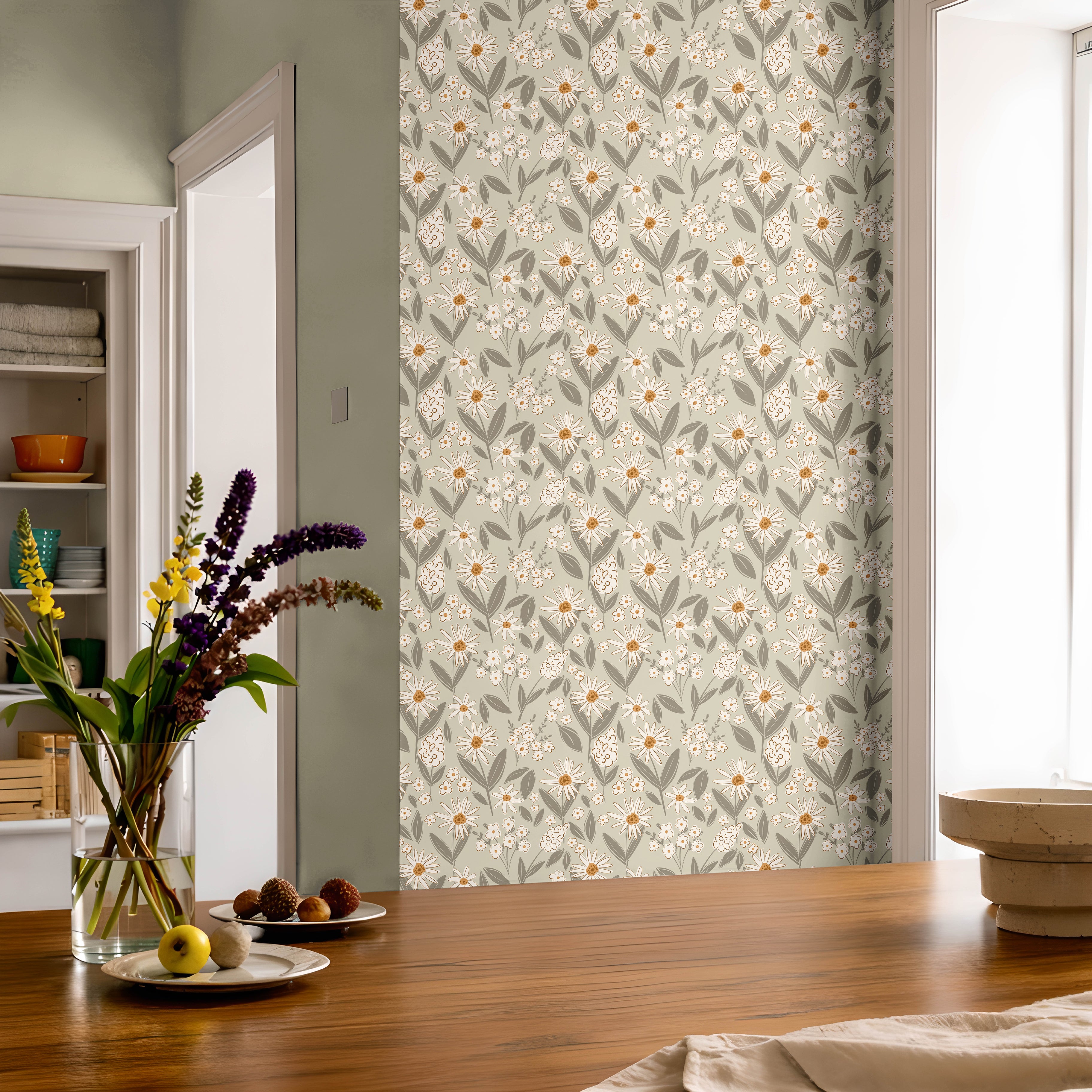 cottage-inspired floral wallpaper with soft sage tones and delicate meadow flowers