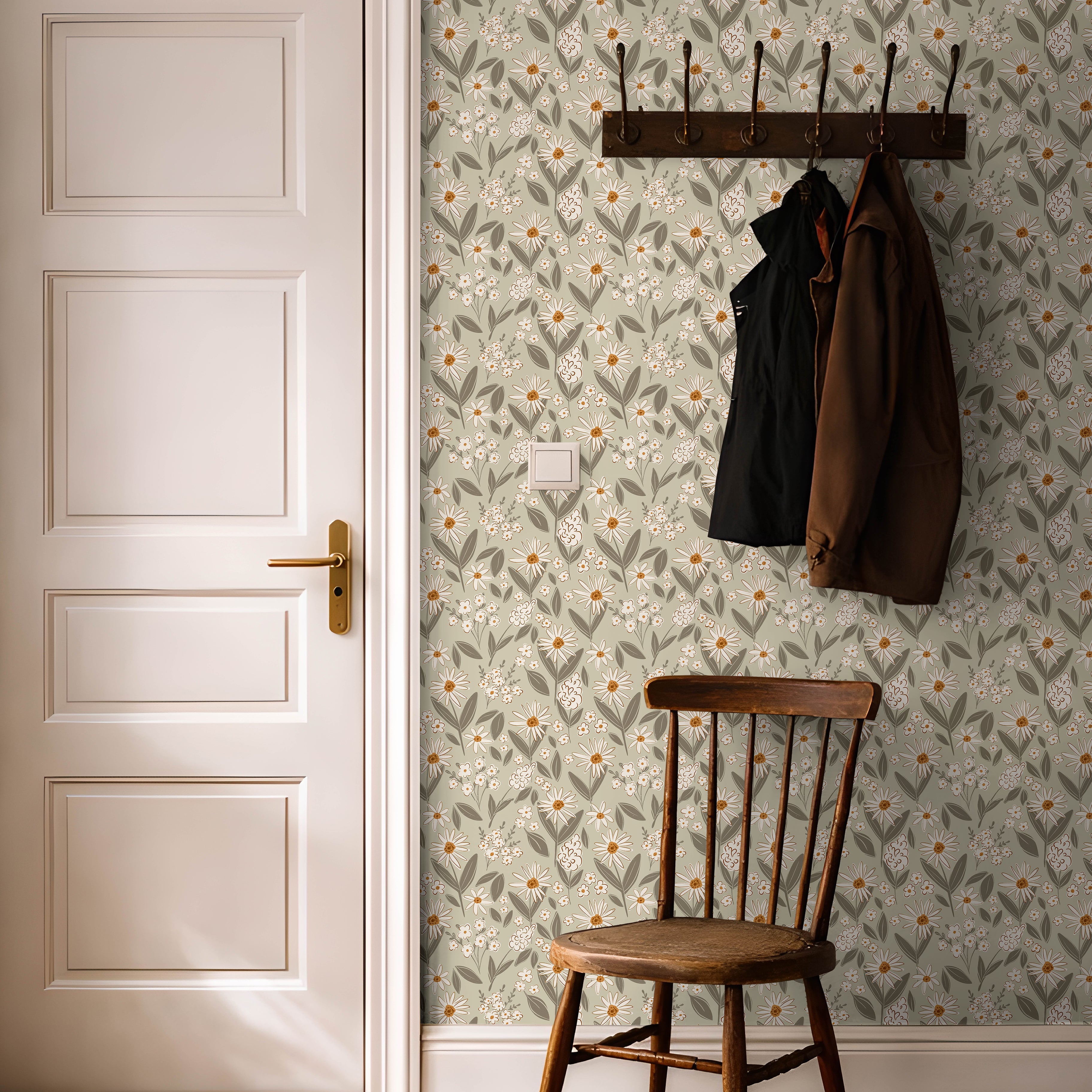 vintage floral wallpaper with sage background and warm botanical blooms in cozy entryway
