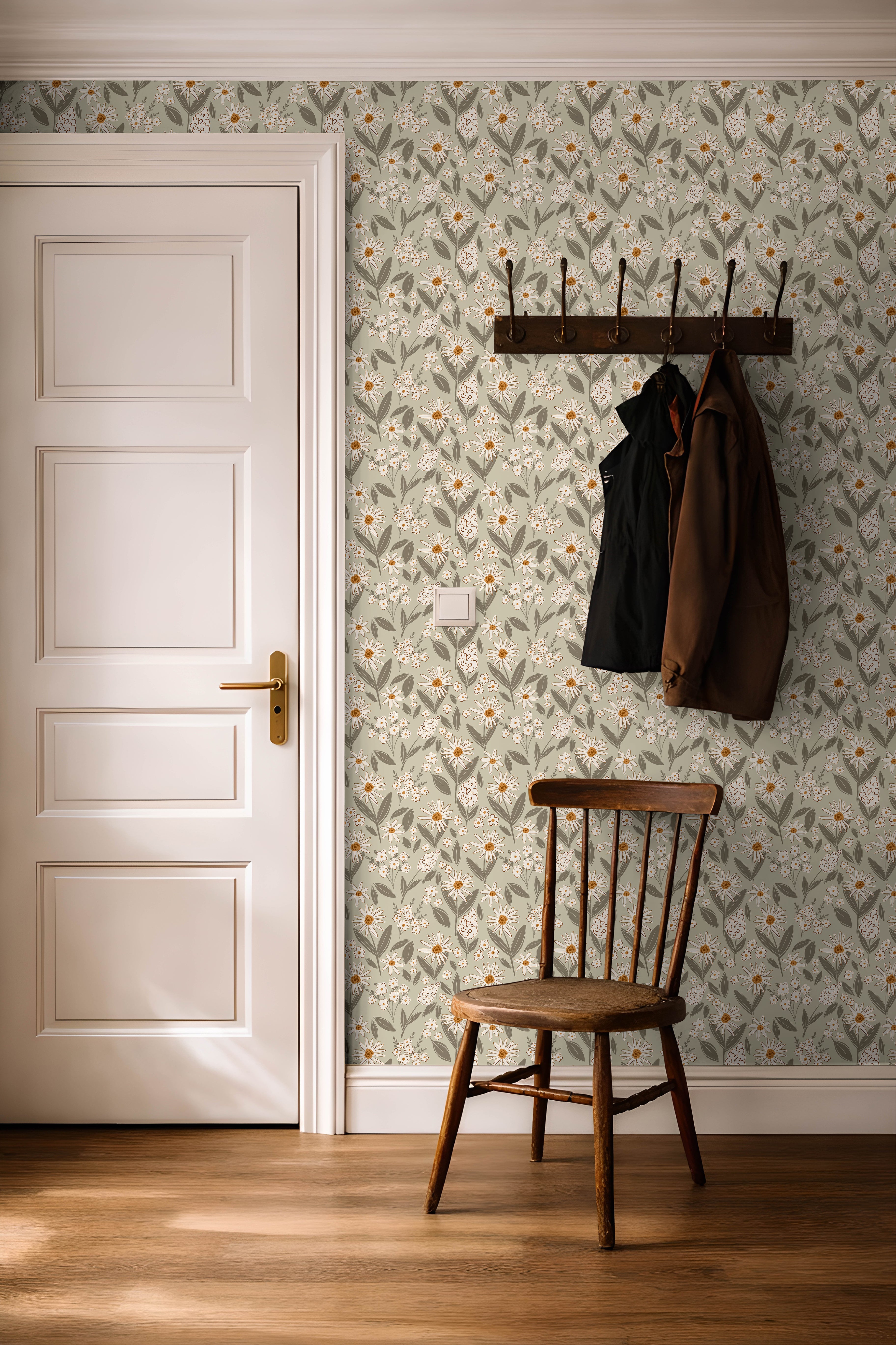 vintage floral wallpaper with sage background and warm botanical blooms in cozy entryway
