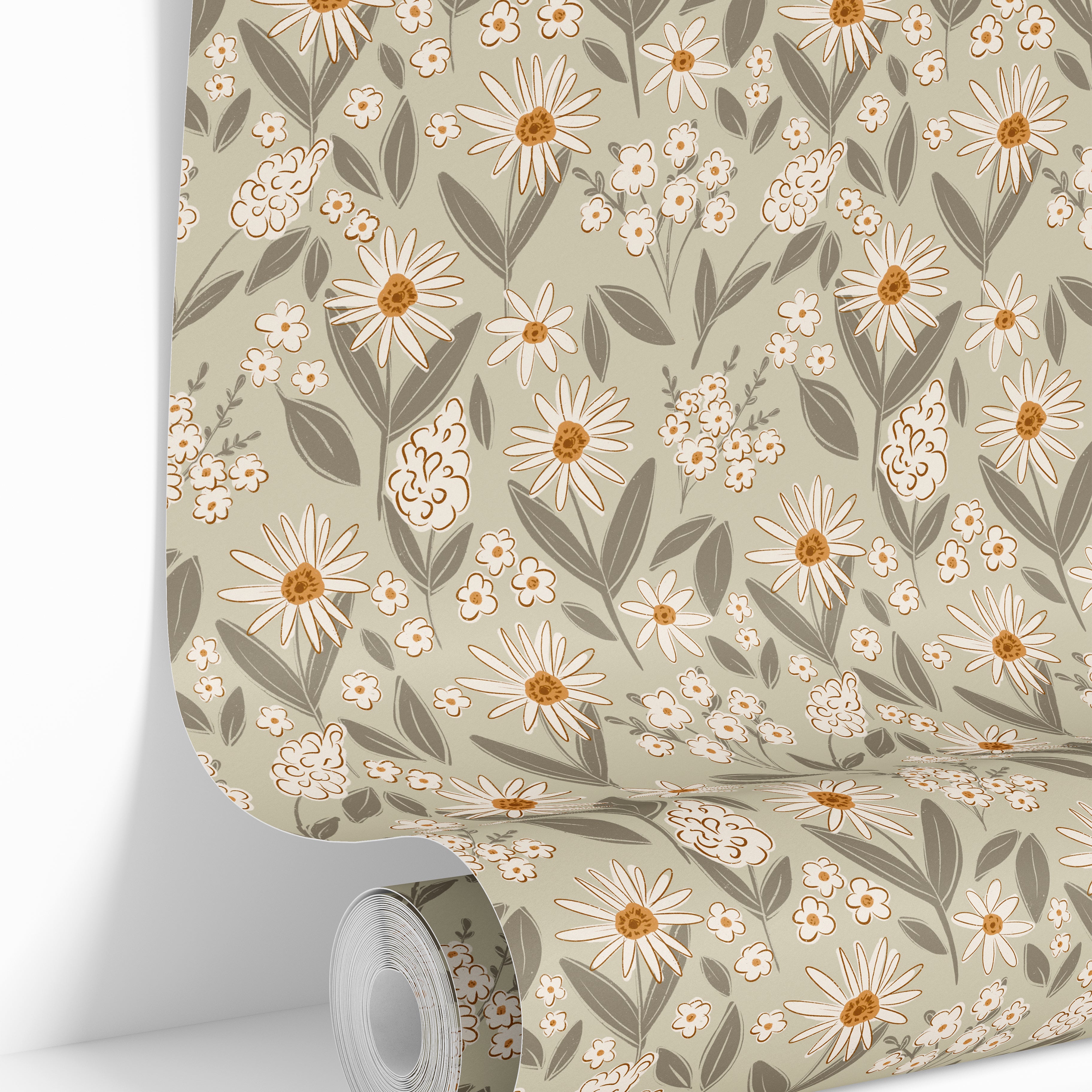 wallpaper roll showing soft botanical floral pattern with cottage-inspired sage and honey tones