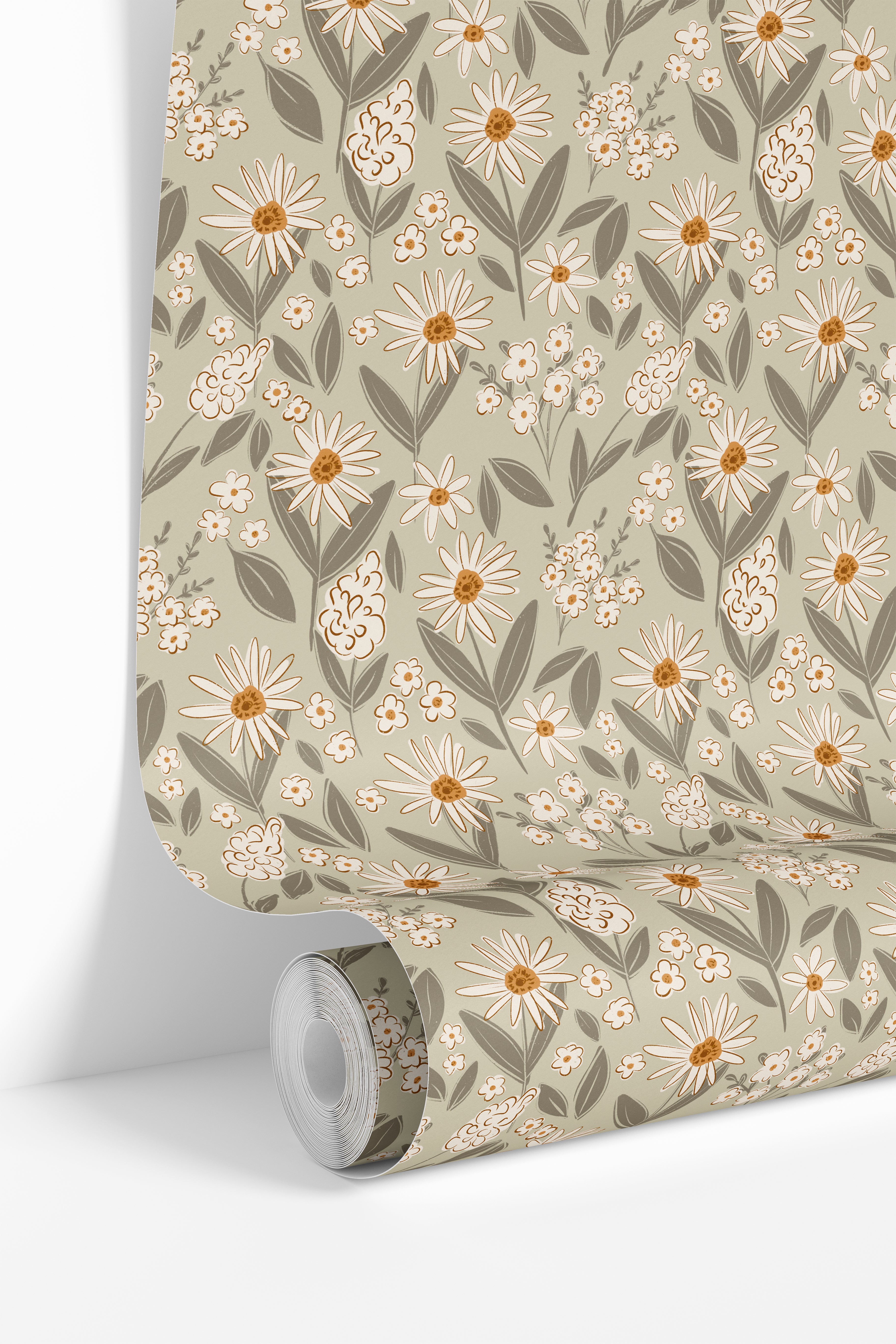 wallpaper roll showing soft botanical floral pattern with cottage-inspired sage and honey tones