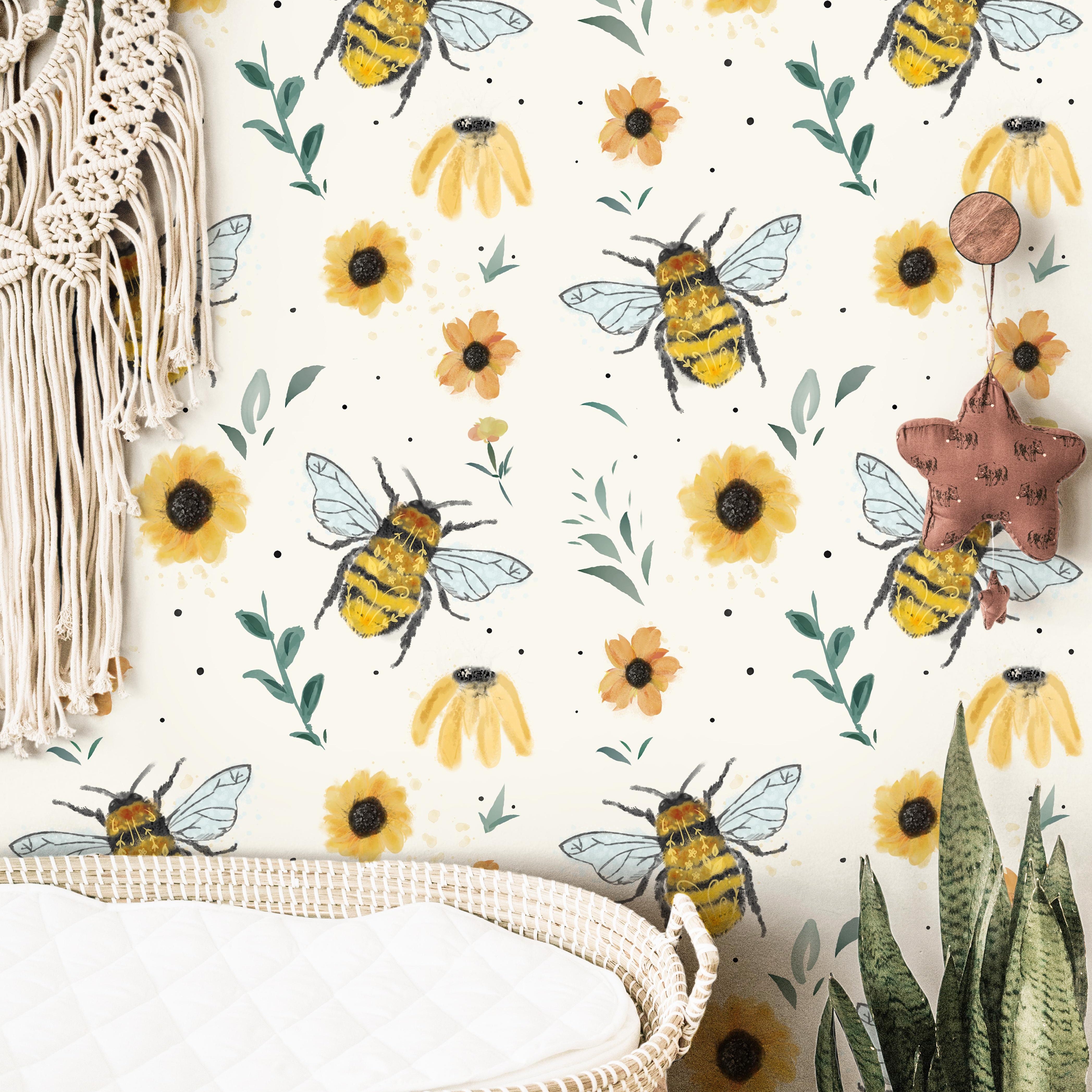 whimsical wallpaper design bees and flowers 132