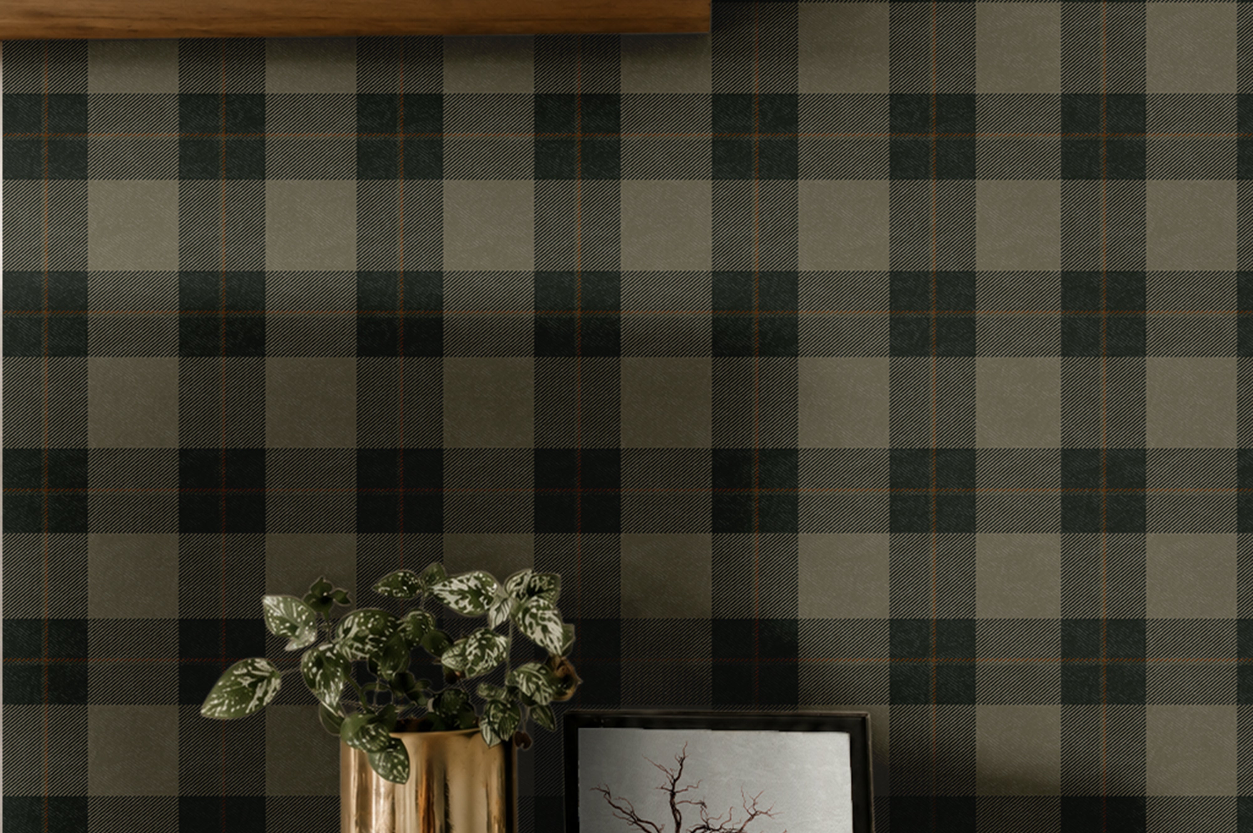 olive, gray, charcoal and brown heritage plaid wallpaper pattern with woven texture and fine pinstripes