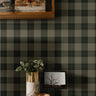 olive, gray, charcoal and brown heritage plaid wallpaper pattern with woven texture and fine pinstripes