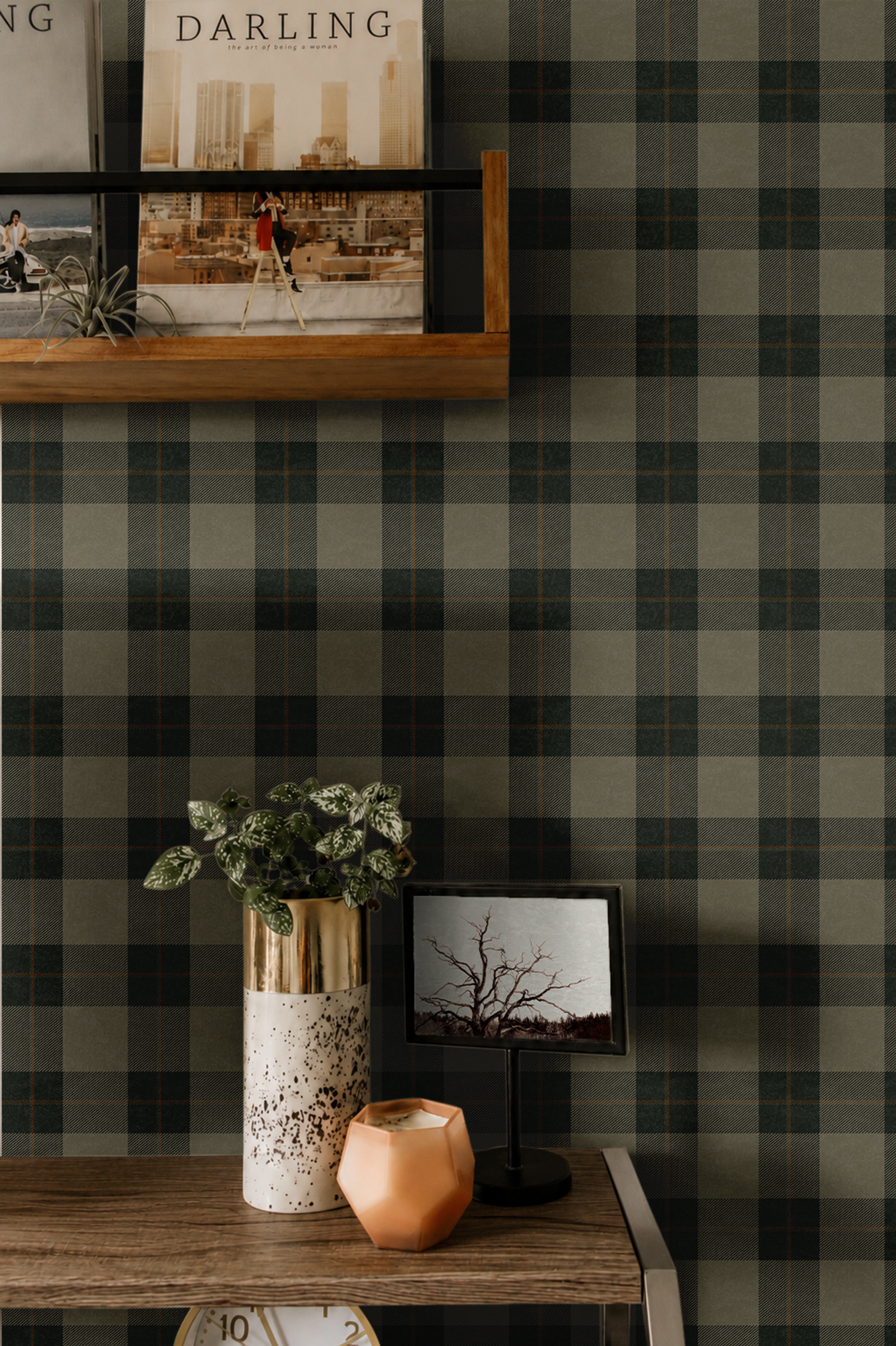 olive, gray, charcoal and brown heritage plaid wallpaper pattern with woven texture and fine pinstripes