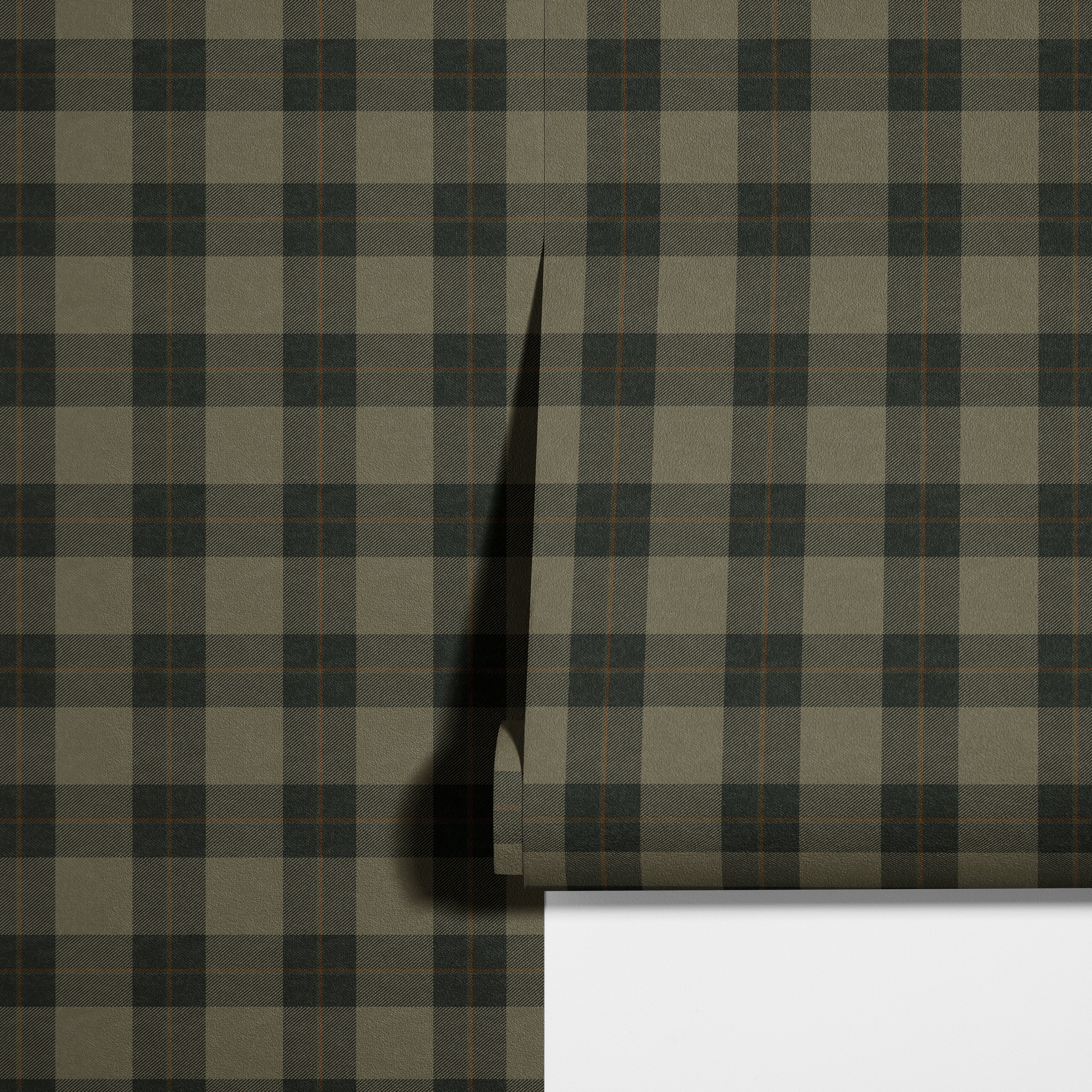 wallpaper being hung of huntsman plaid wallpaper with olive gray charcoal blocks and fine warm brown pinstripes
