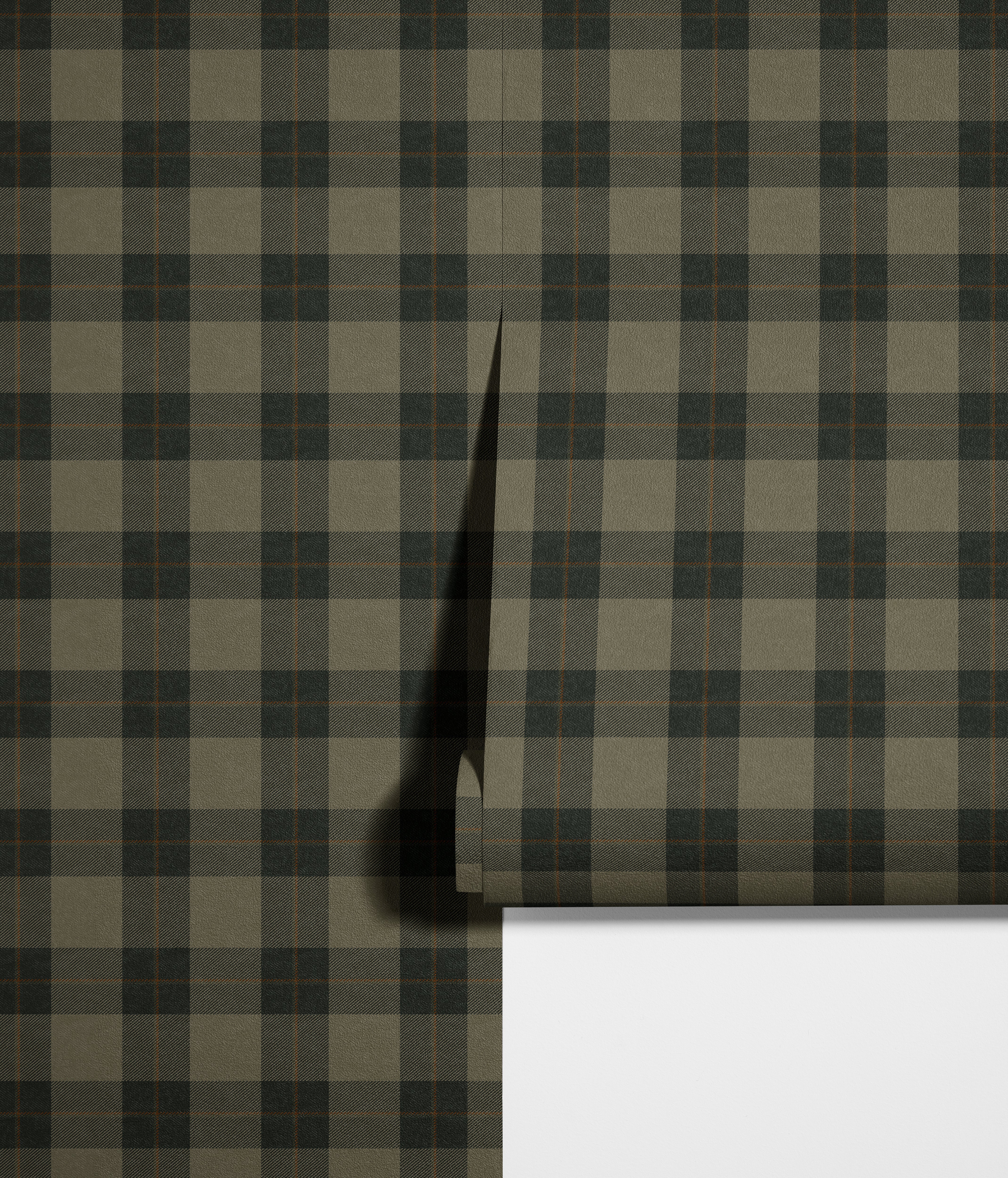 wallpaper being hung of huntsman plaid wallpaper with olive gray charcoal blocks and fine warm brown pinstripes