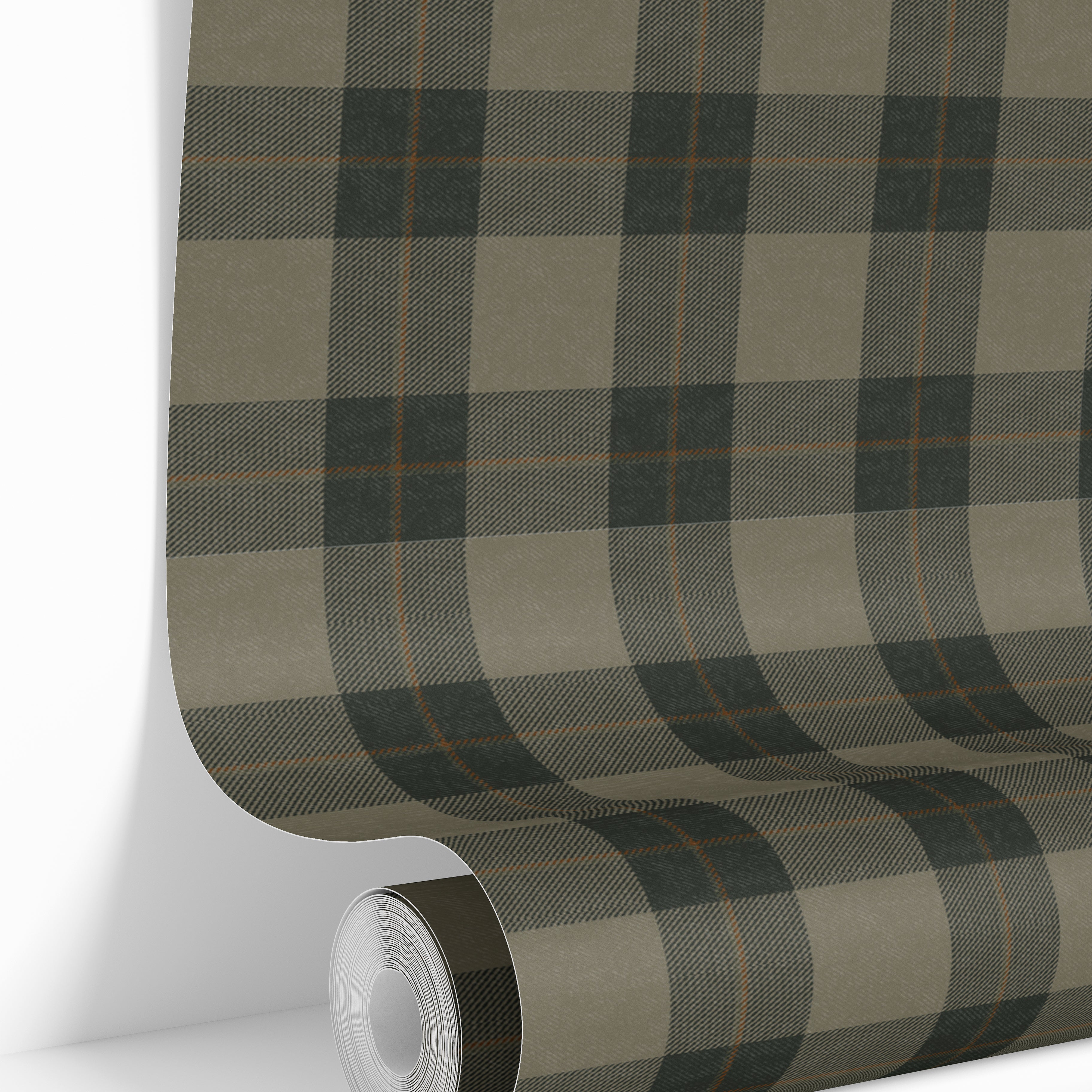 roll of huntsman plaid wallpaper with olive gray charcoal blocks and fine warm brown pinstripes