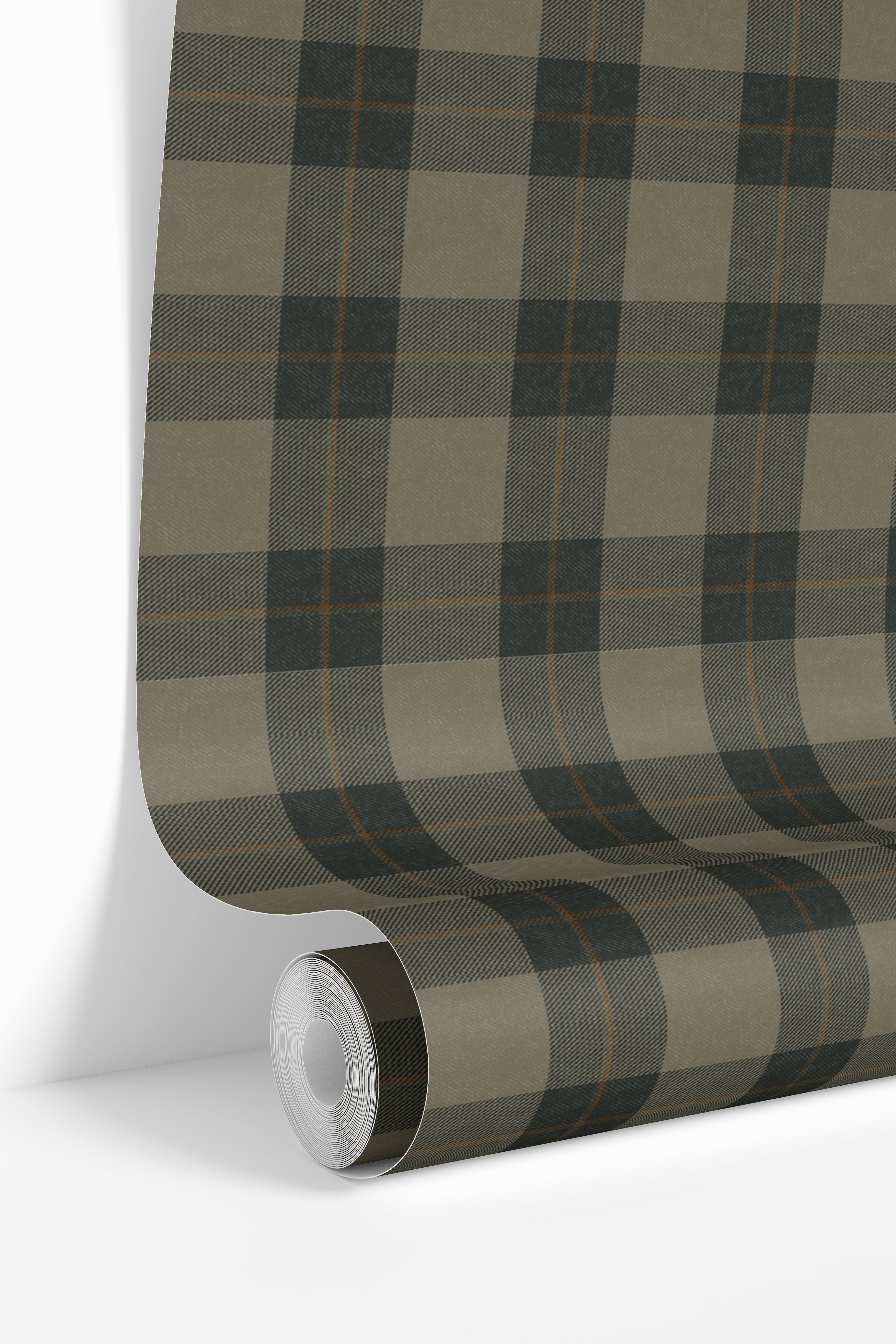 roll of huntsman plaid wallpaper with olive gray charcoal blocks and fine warm brown pinstripes