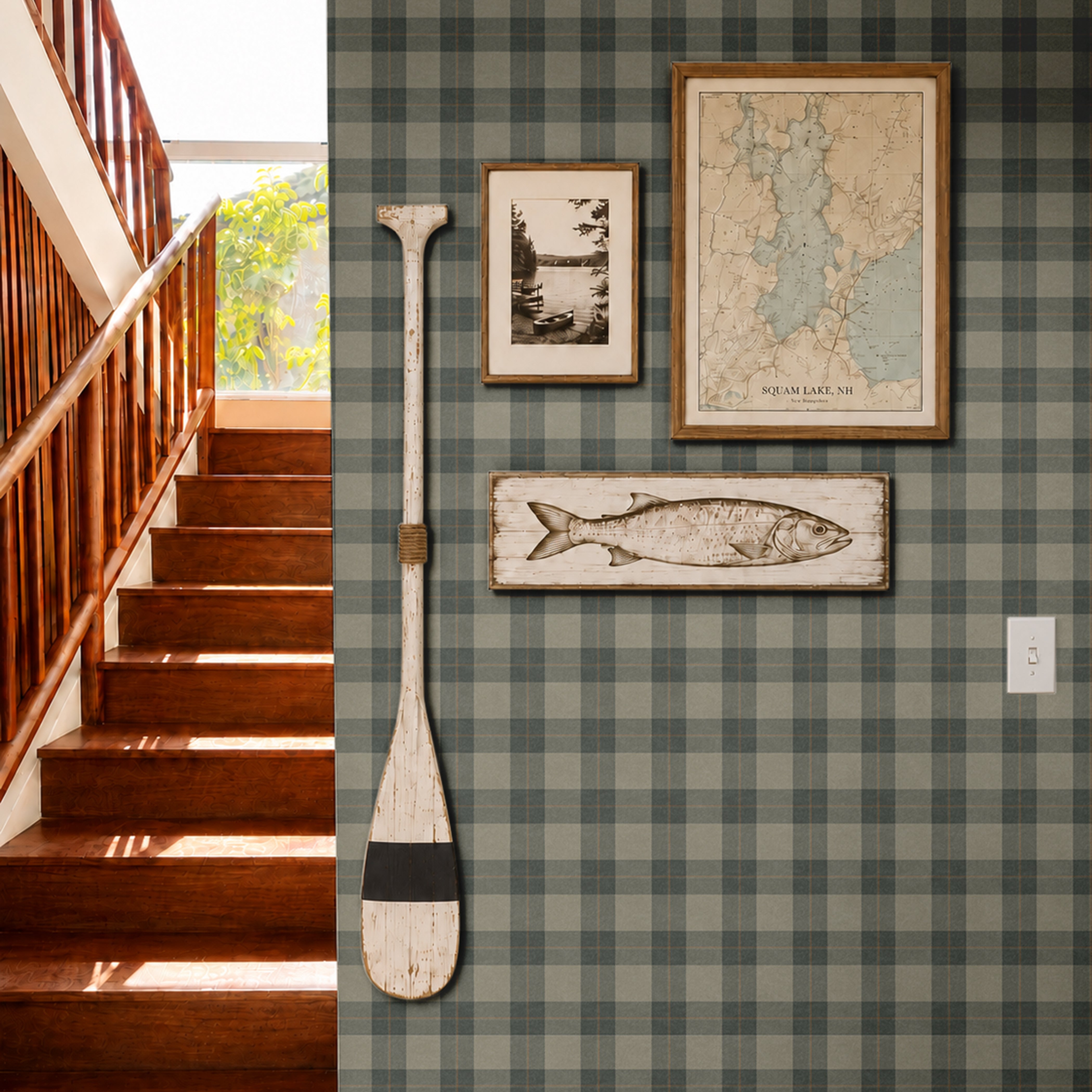 olive, gray, and charcoal plaid wallpaper in stair hall with warm wood stairs vintage lake art and paddle