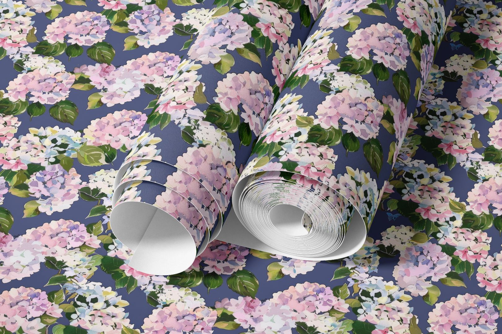 Close-up of Hydrangea Haven contact paper showing watercolor hydrangea blooms and detailed texture