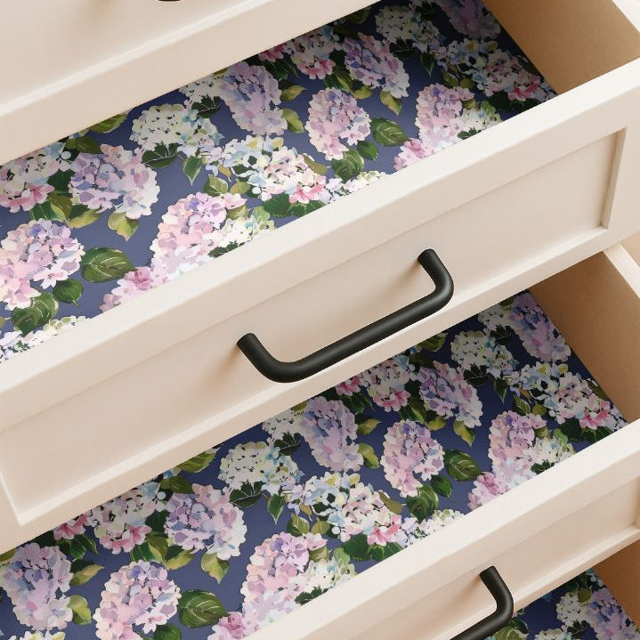 Hydrangea Haven contact paper styled on a countertop or table surface with soft floral detailing