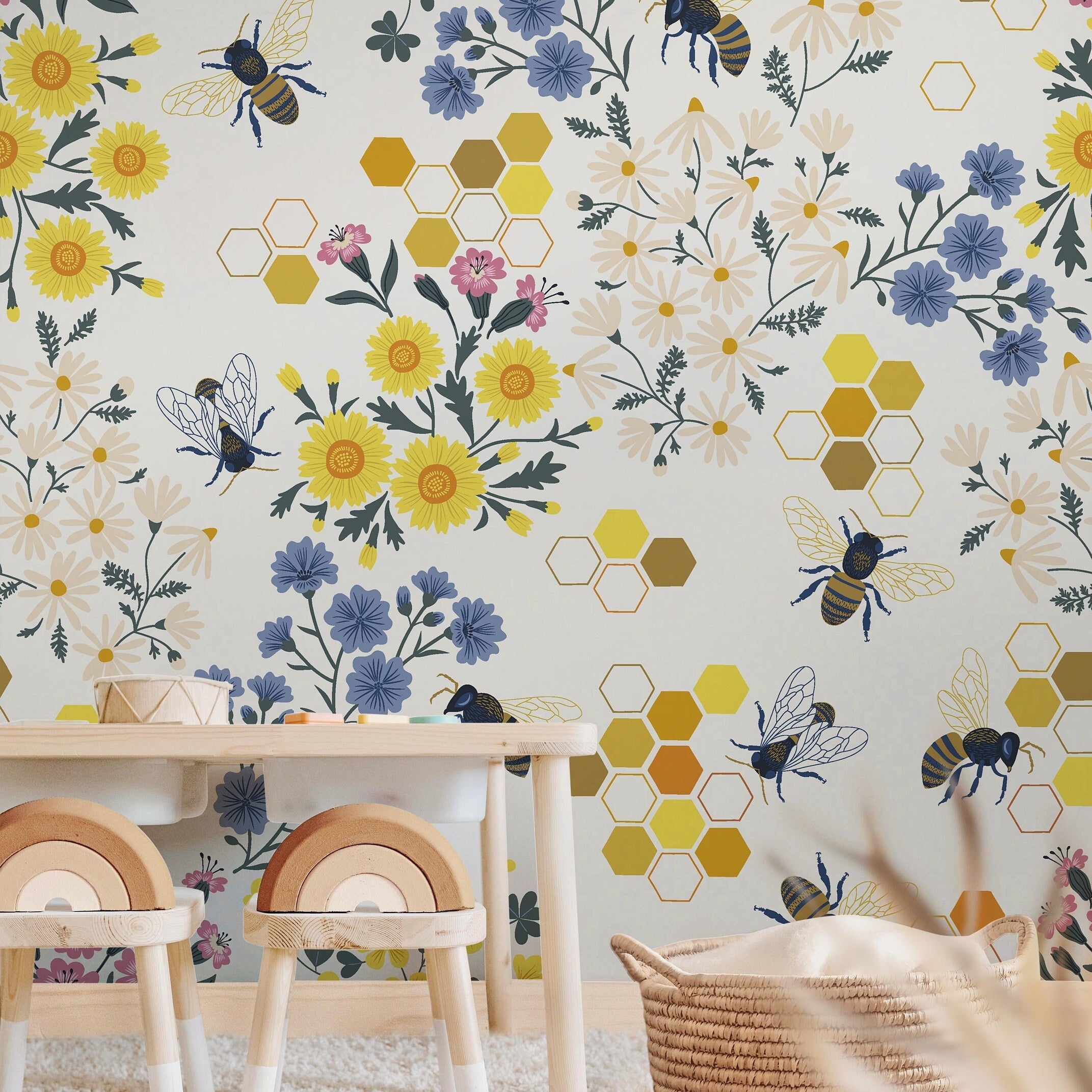 Set of 2 Panels of 24in (2ft) x 96in (8ft) Honeybee Floral Nursery DISCOUNTED Peel and Stick Wallpaper 363