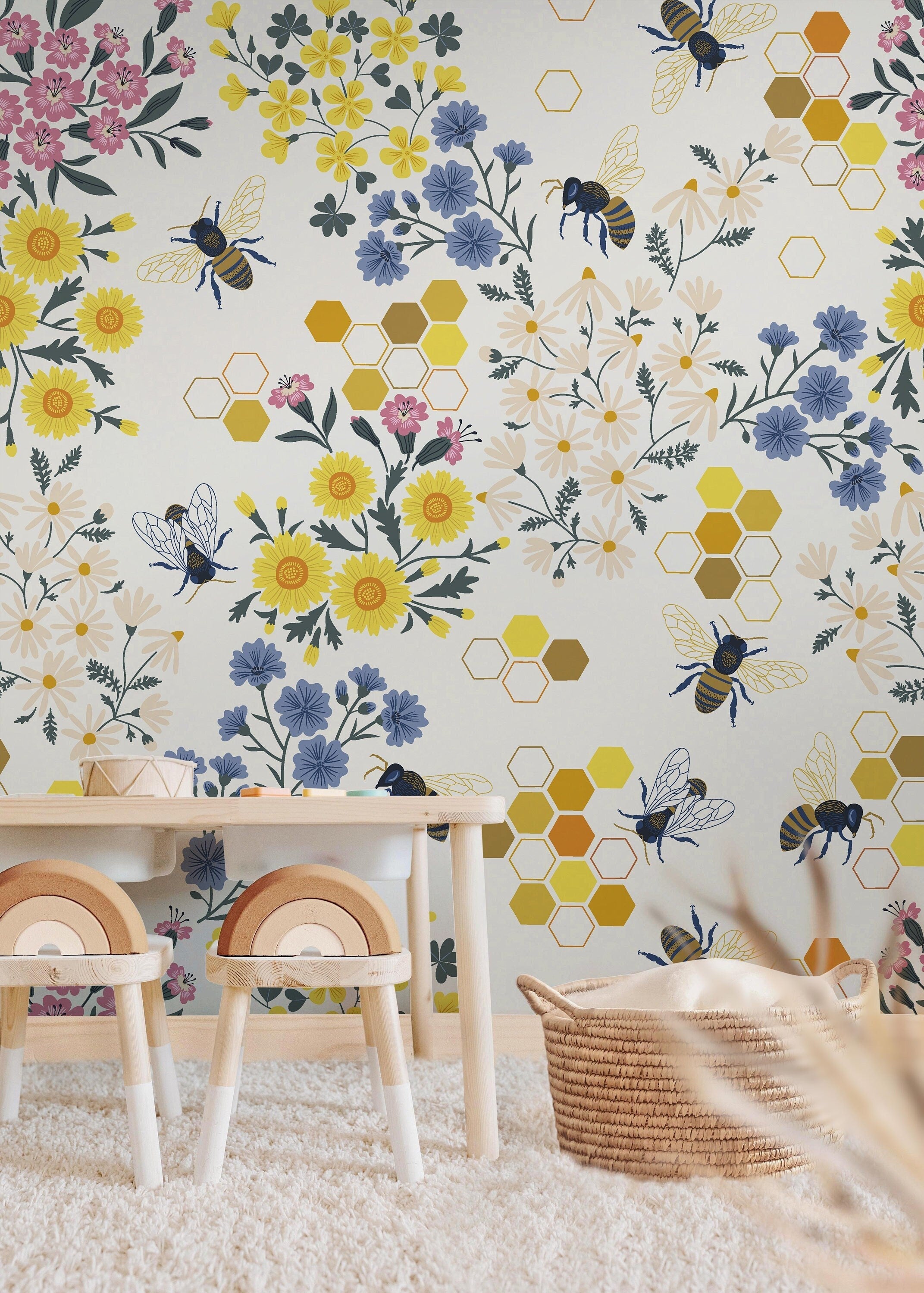 Set of 2 Panels of 24in (2ft) x 96in (8ft) Honeybee Floral Nursery DISCOUNTED Peel and Stick Wallpaper 363