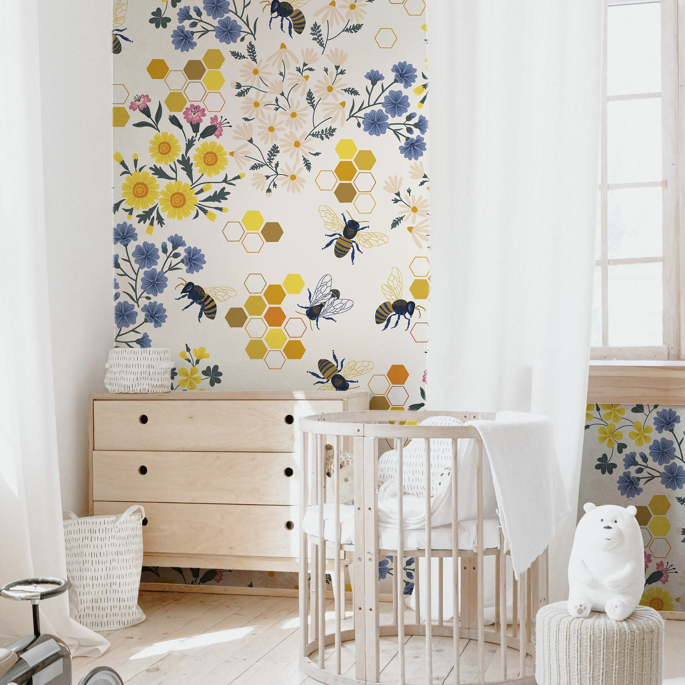 Set of 2 Panels of 24in (2ft) x 96in (8ft) Honeybee Floral Nursery DISCOUNTED Peel and Stick Wallpaper 363