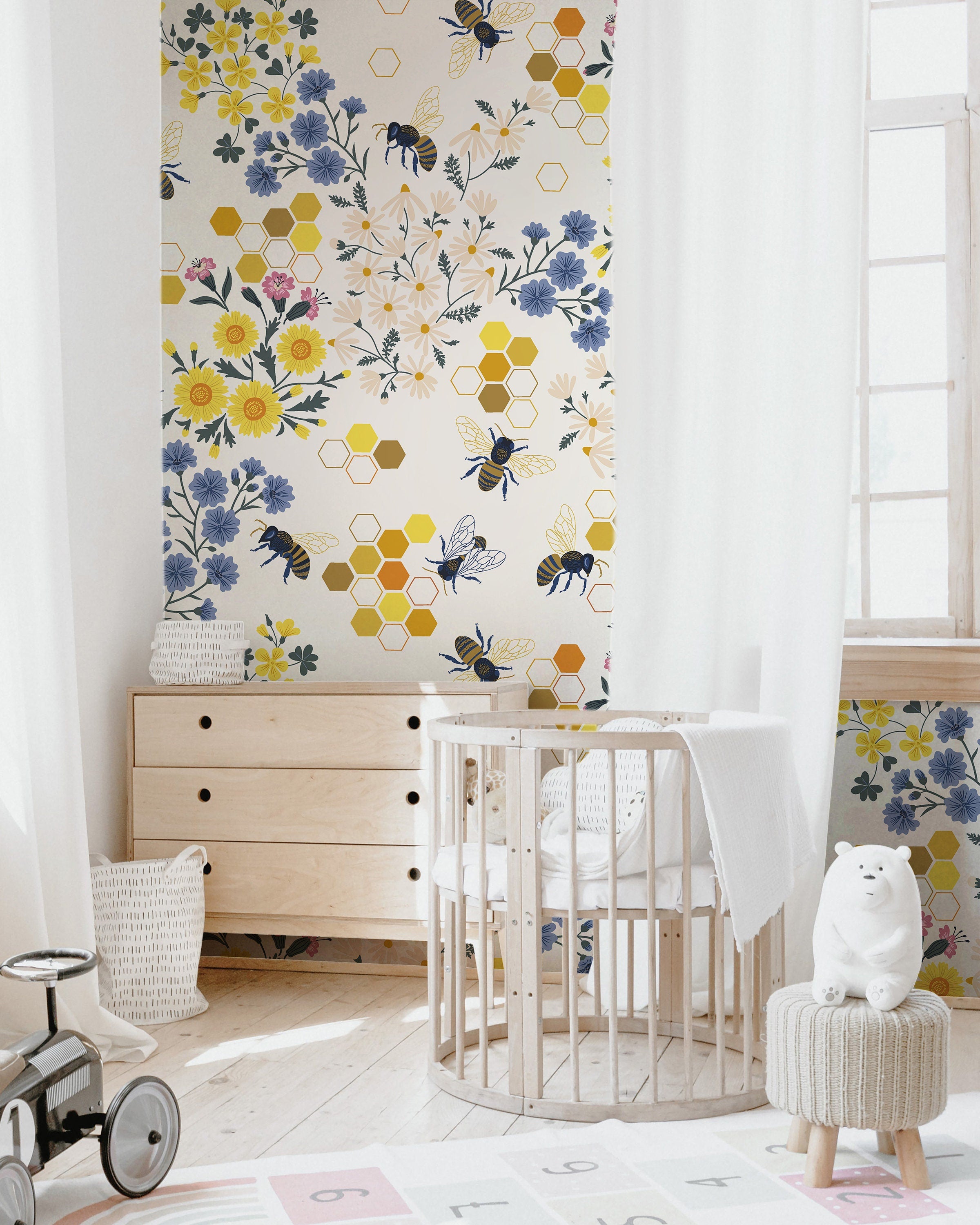 Set of 2 Panels of 24in (2ft) x 96in (8ft) Honeybee Floral Nursery DISCOUNTED Peel and Stick Wallpaper 363