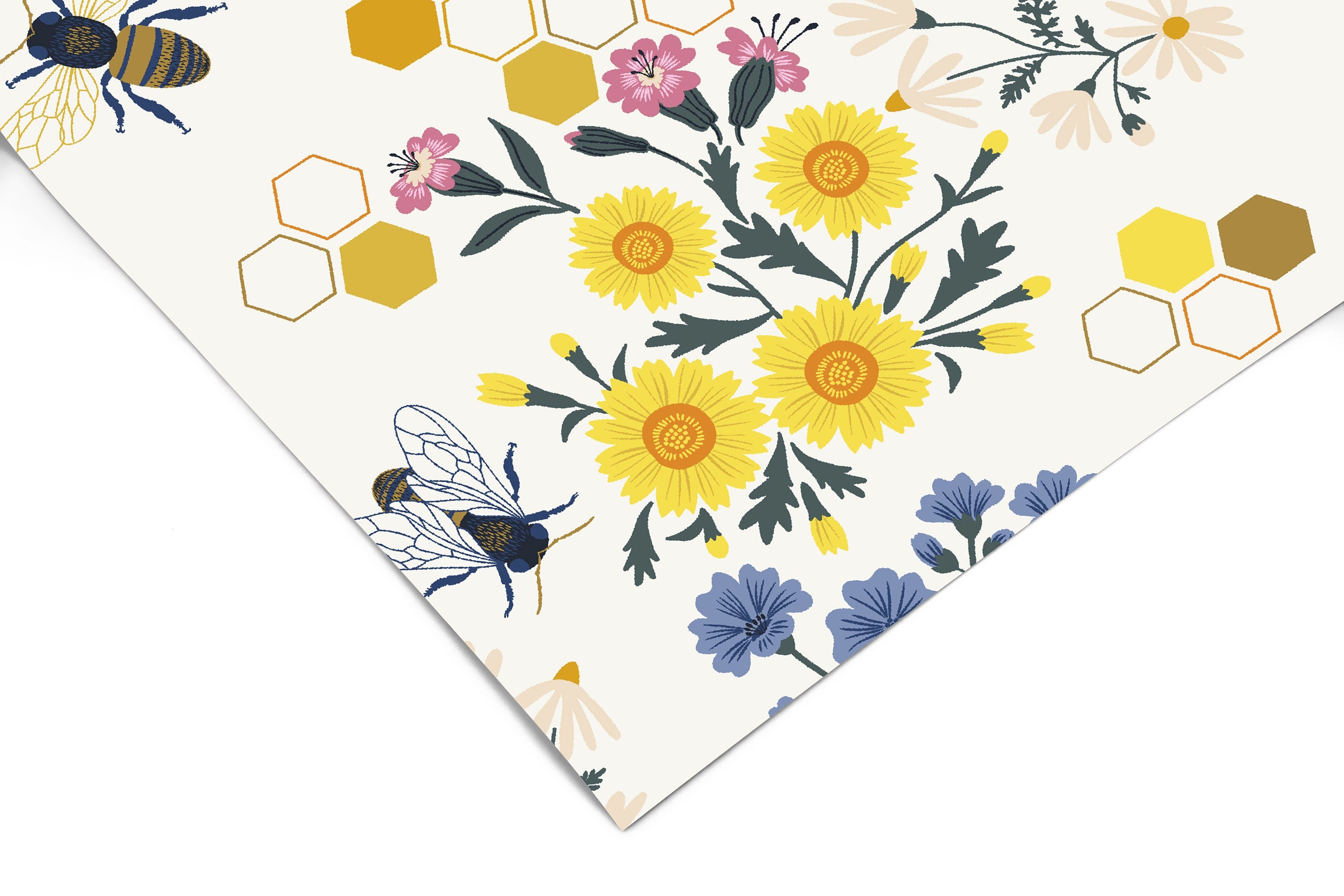 Set of 2 Panels of 24in (2ft) x 96in (8ft) Honeybee Floral Nursery DISCOUNTED Peel and Stick Wallpaper 363