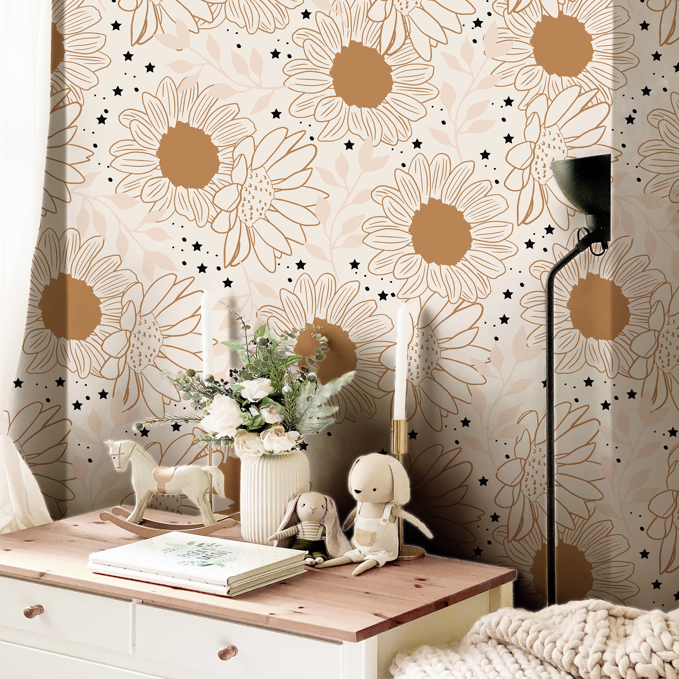 Set of 2 Panels of 24in (2ft) x 72in (6ft) Sunflower Stardust Golden Floral DISCOUNTED Peel and Stick TEXTURE Wallpaper 385