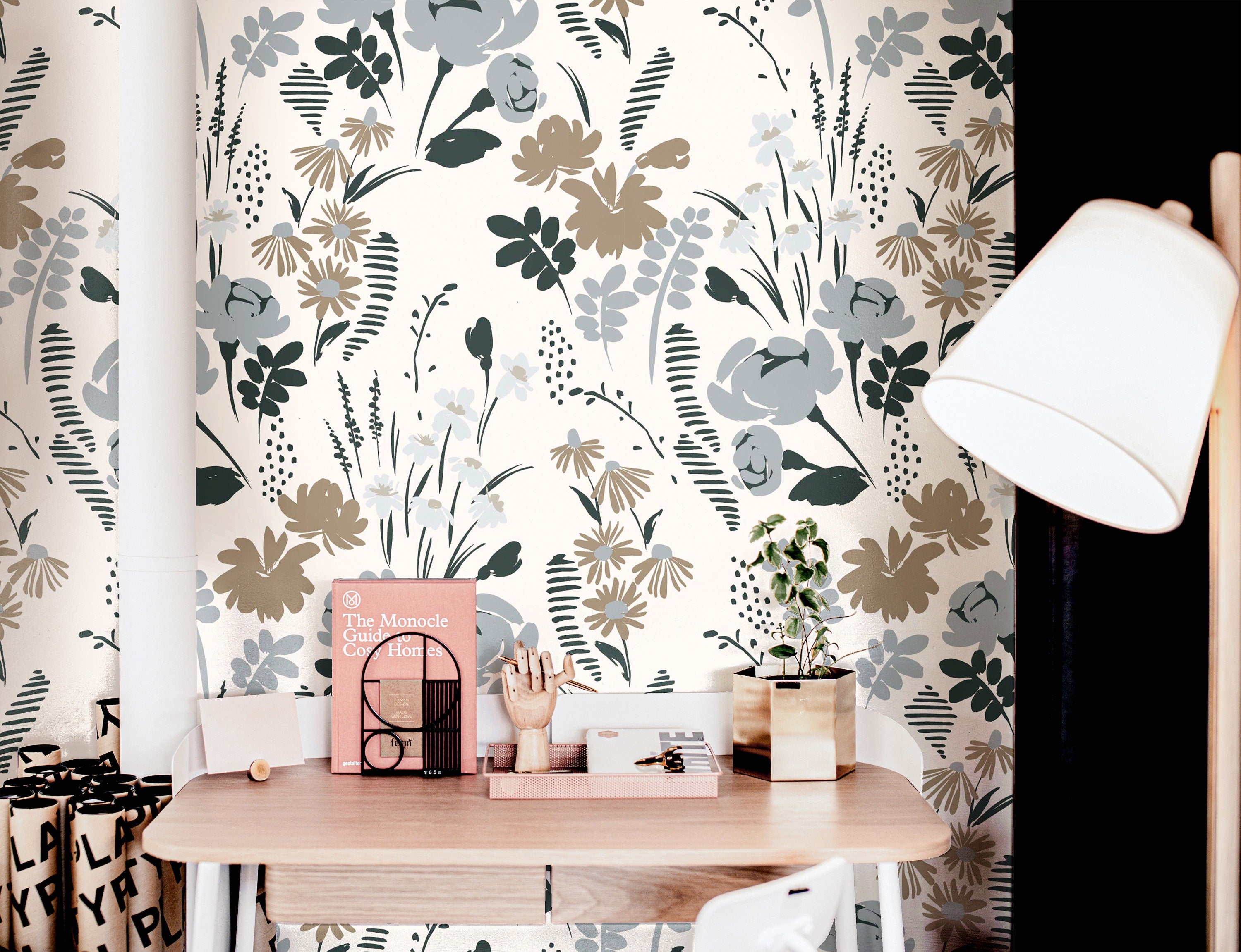 Set of 8 Panels of 24in (2ft) x 36in (3ft) Muted Cream Floral Abstract Garden DISCOUNTED Peel and Stick Wallpaper 864