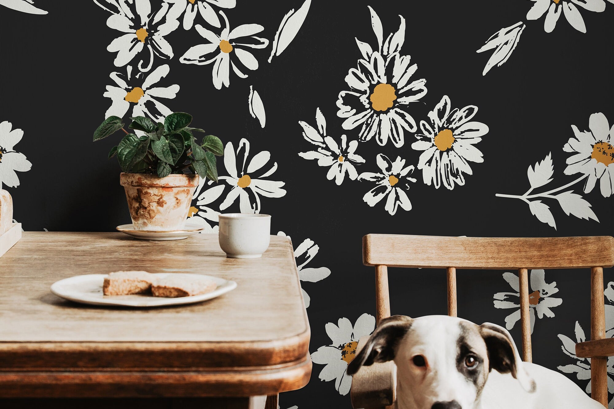1 Panel of 24in (2ft) x 48in (4ft) Black and White Floral Golden Yellow DISCOUNTED Peel and Stick Wallpaper 1037